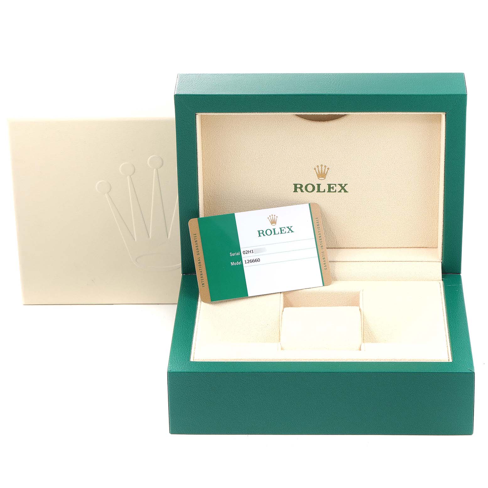 The image shows the open box and warranty card for the Rolex Sea-Dweller 126660 Men's Stainless Steel Blue Dial 126660 Men's Stainless Steel Blue Dial watch model.