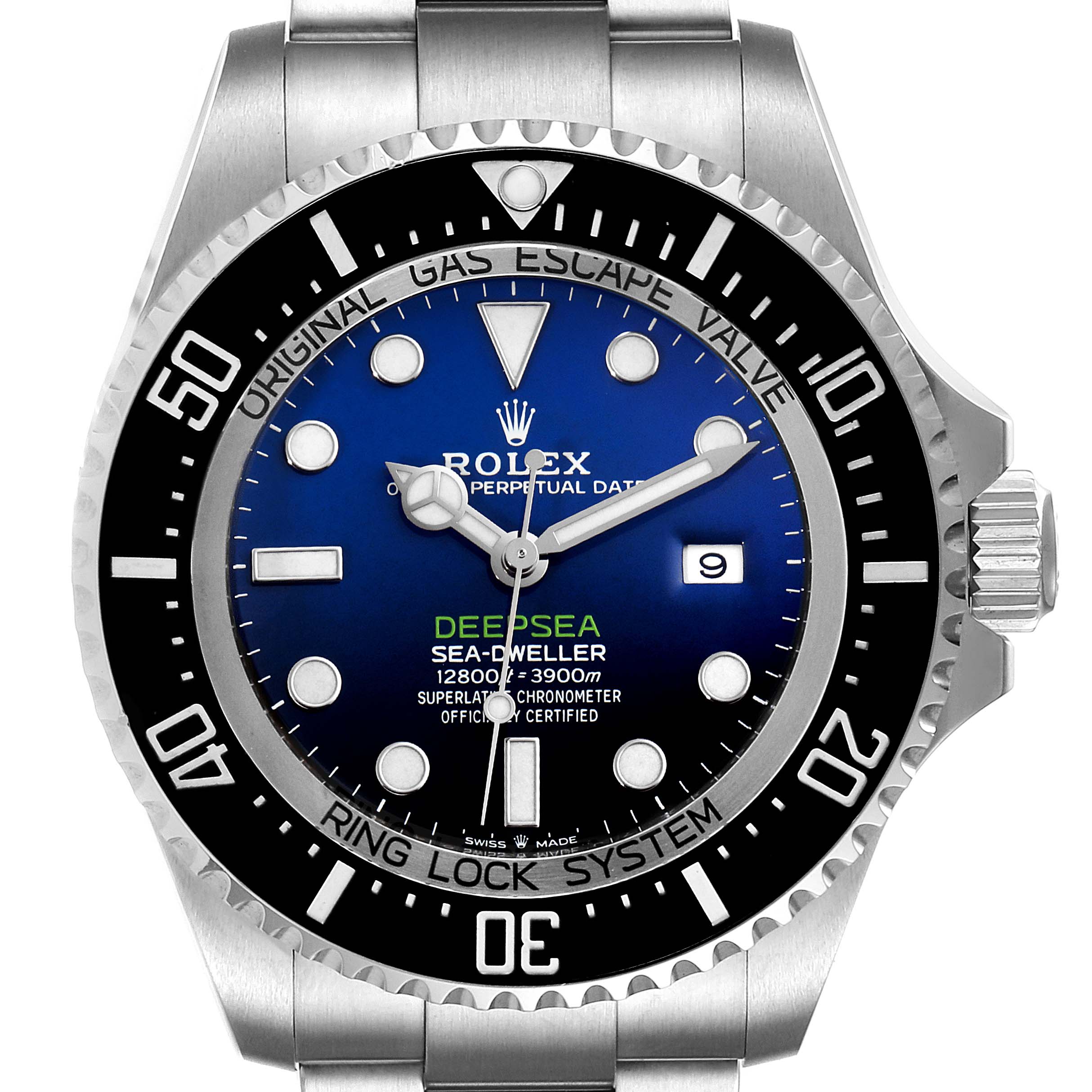 This is a front view of a Rolex Sea-Dweller 126660 Men's Stainless Steel Blue Dial 126660 Men's Stainless Steel Blue Dial watch, highlighting its dial, bezel, crown, and part of the bracelet.