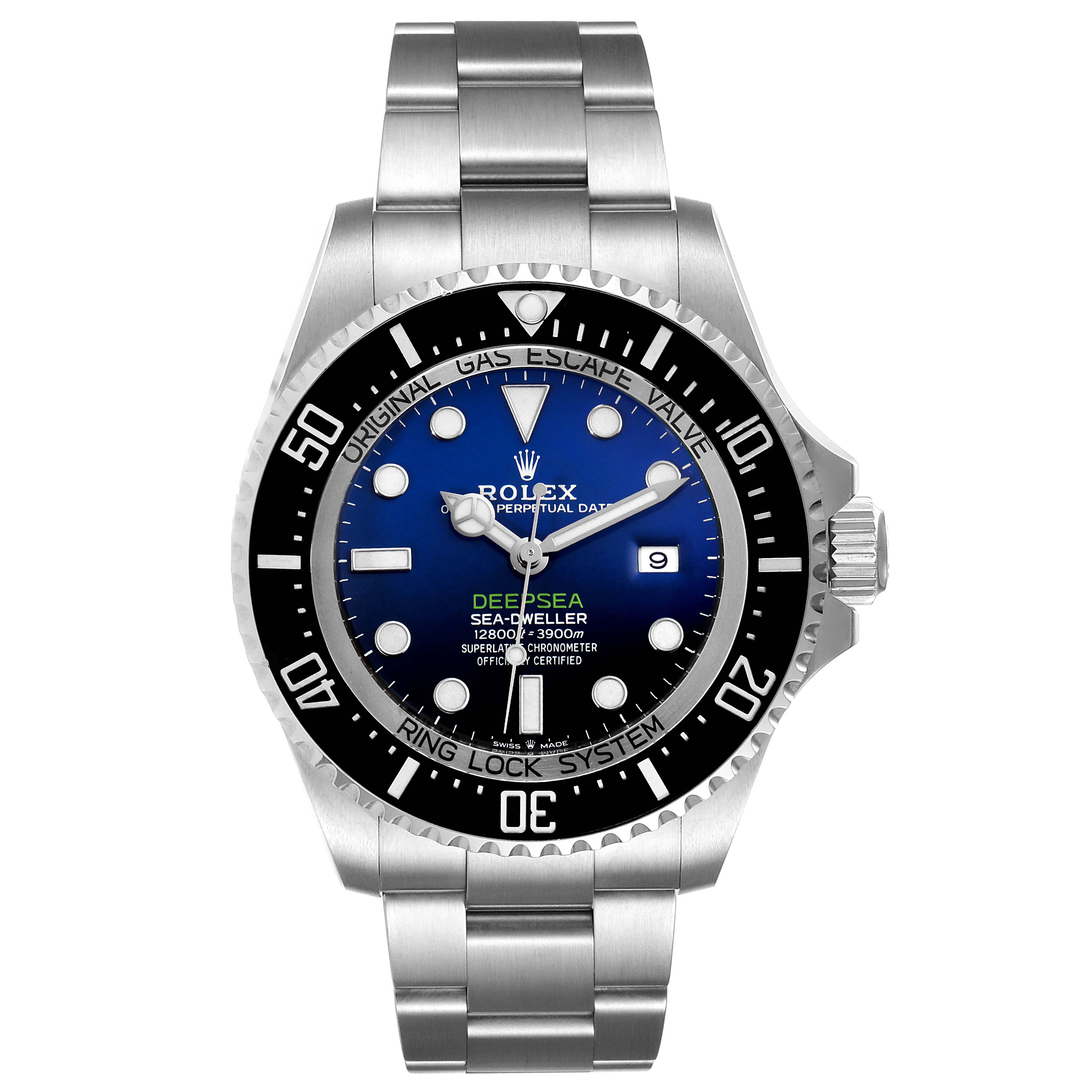This image shows a front view of the Rolex Sea-Dweller 126660 Men's Stainless Steel Blue Dial 126660 Men's Stainless Steel Blue Dial watch, highlighting its face, bezel, and bracelet.