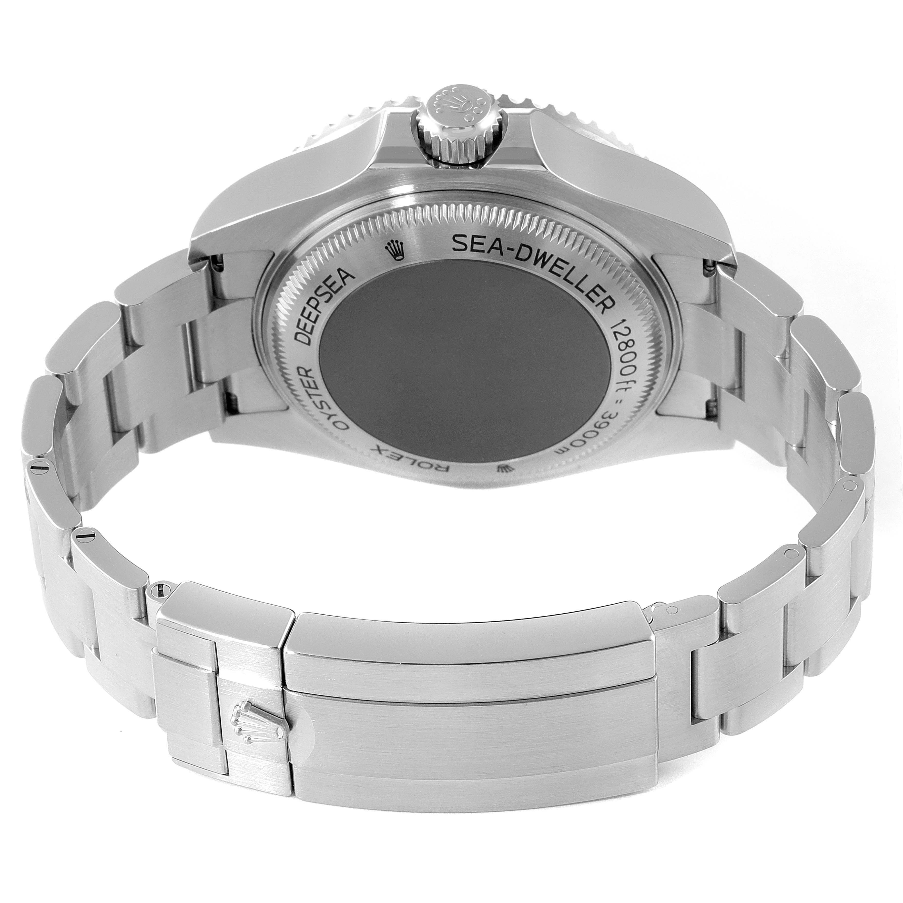 This image shows the back side of the Rolex Sea-Dweller 126660 Men's Stainless Steel Blue Dial 126660 Men's Stainless Steel Blue Dial watch and its stainless steel bracelet.