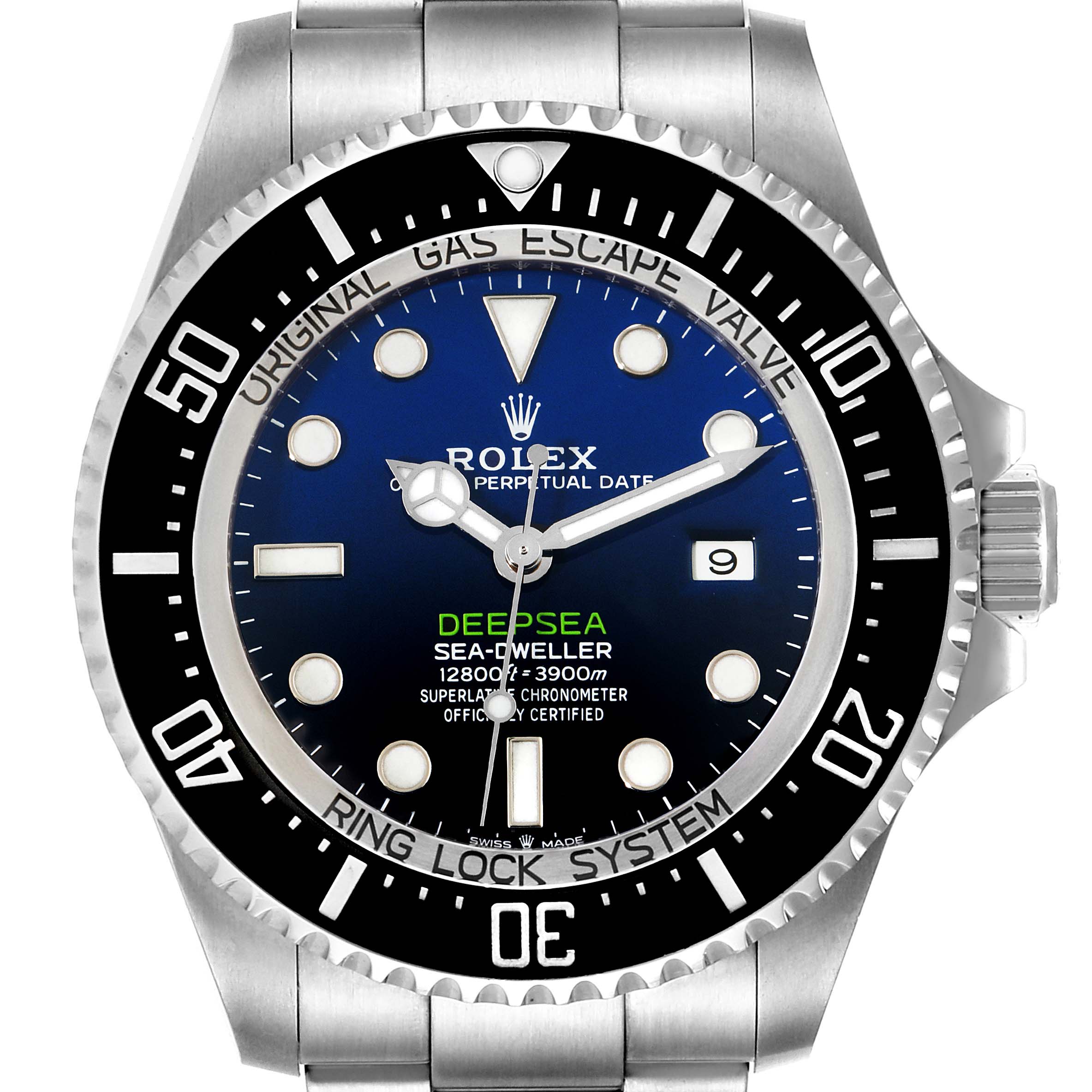 This Rolex Sea-Dweller 126660 Men
s Stainless Steel Blue Dial 126660 Men
s Stainless Steel Blue Dial watch is seen from a front angle, showcasing the dial, bezel, and part of the bracelet.