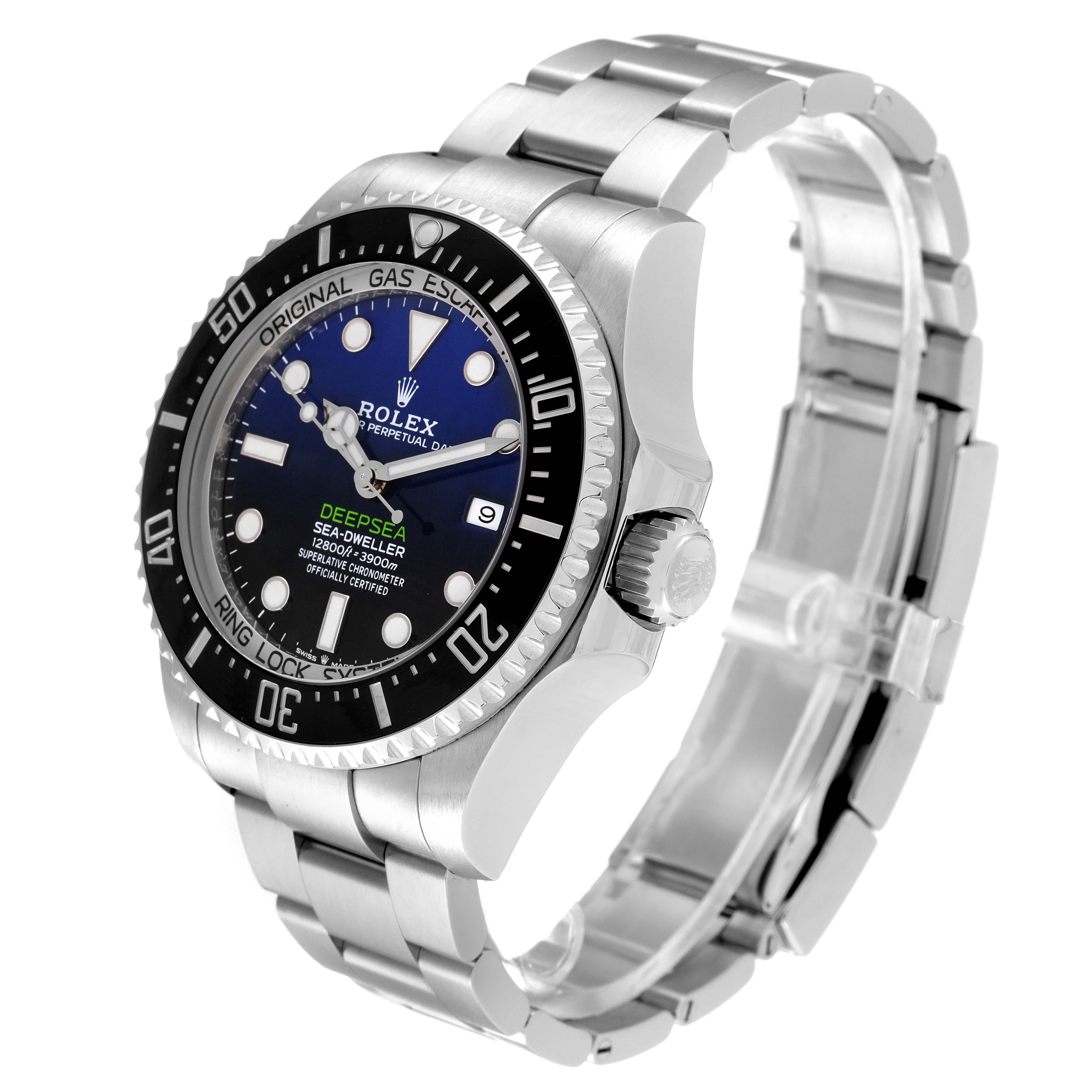 The image shows a side and front angle of the Rolex Sea-Dweller 126660 Men
s Stainless Steel Blue Dial 126660 Men
s Stainless Steel Blue Dial watch, highlighting its bezel, dial, crown, and bracelet.