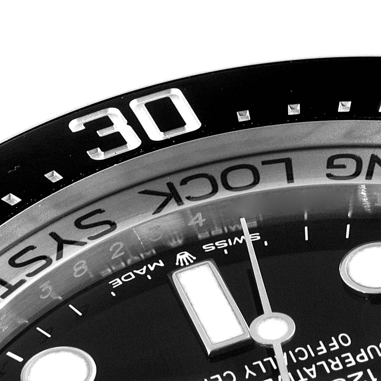 The image shows a close-up angled view of the bezel and part of the dial of a Rolex Sea-Dweller 126660 Men
s Stainless Steel Blue Dial 126660 Men
s Stainless Steel Blue Dial watch.