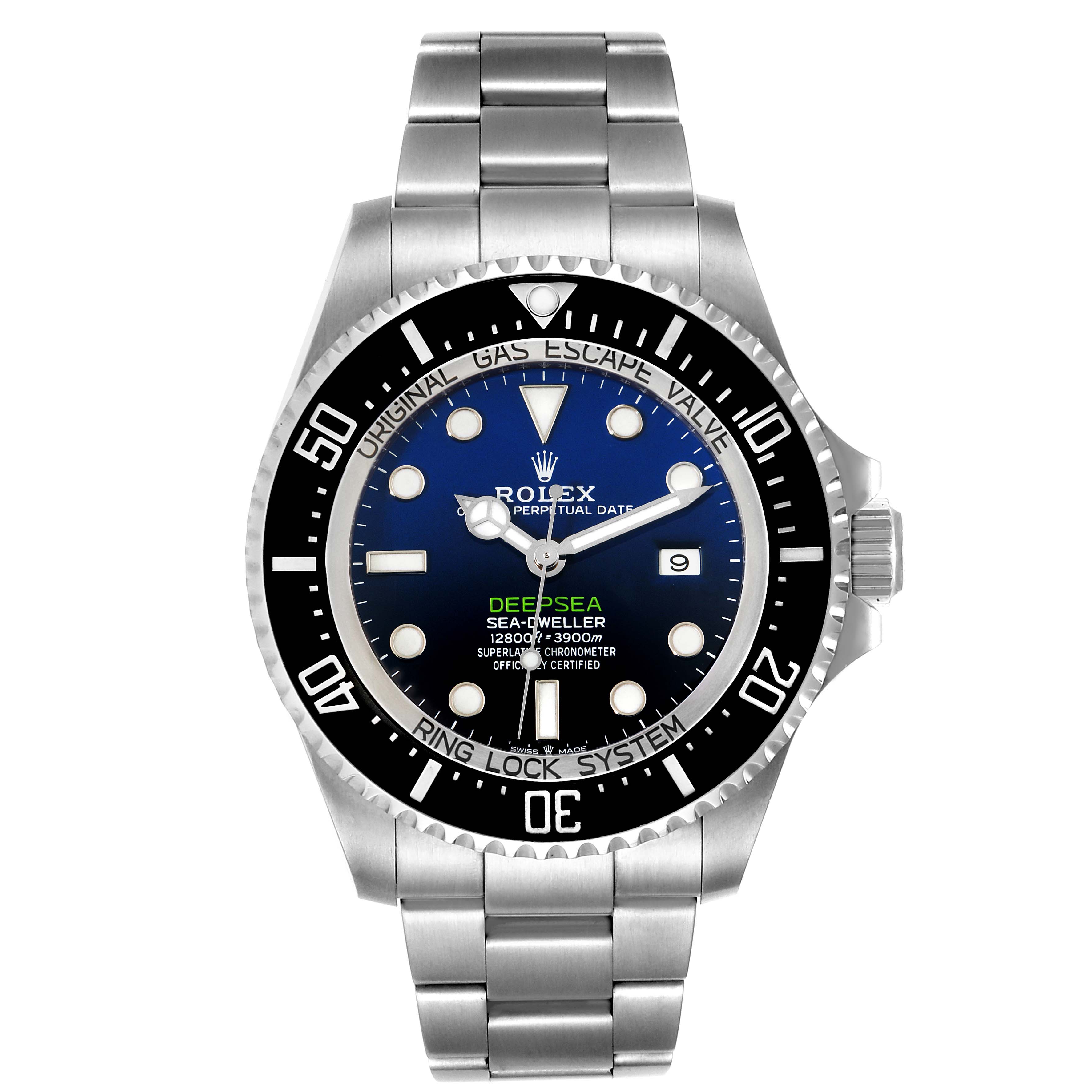 The image shows a front view of the Rolex Sea-Dweller 126660 Men
s Stainless Steel Blue Dial 126660 Men
s Stainless Steel Blue Dial watch, displaying its dial, bezel, and stainless steel bracelet.