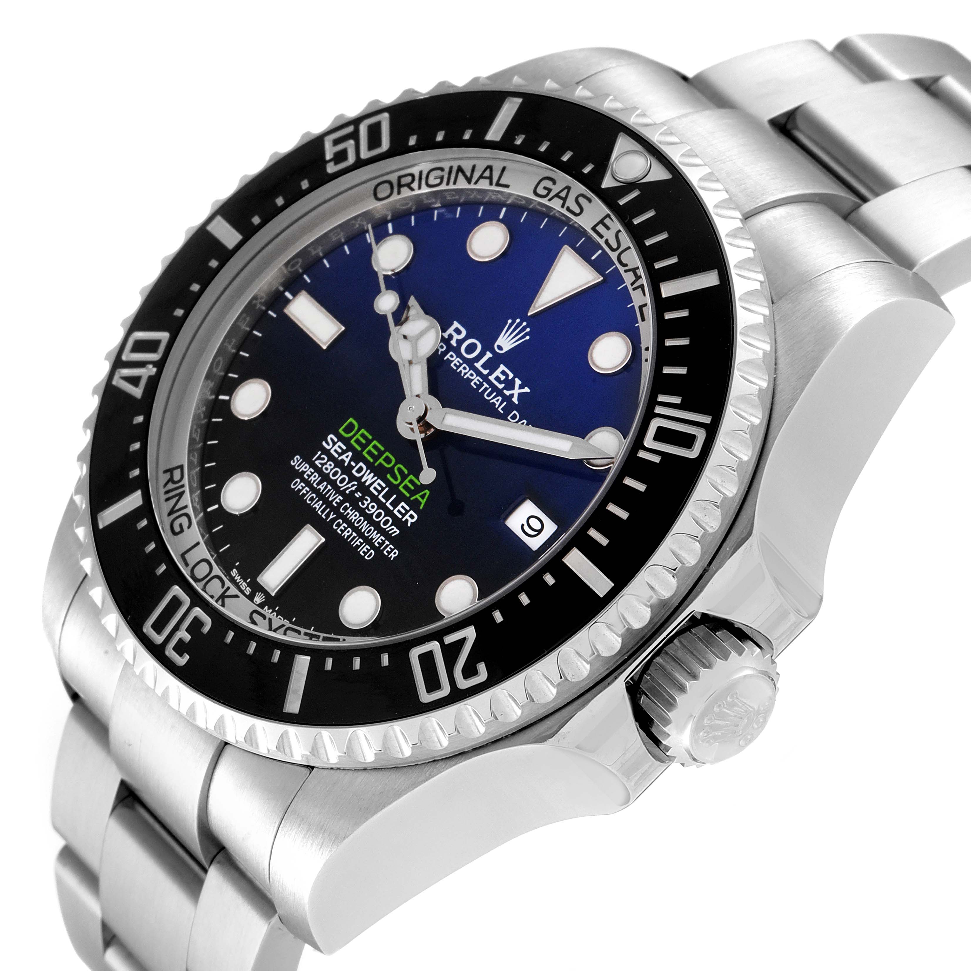 The image shows a side and top angle of the Rolex Sea-Dweller 126660 Men
s Stainless Steel Blue Dial 126660 Men
s Stainless Steel Blue Dial watch, highlighting the face, bezel, crown, and bracelet.