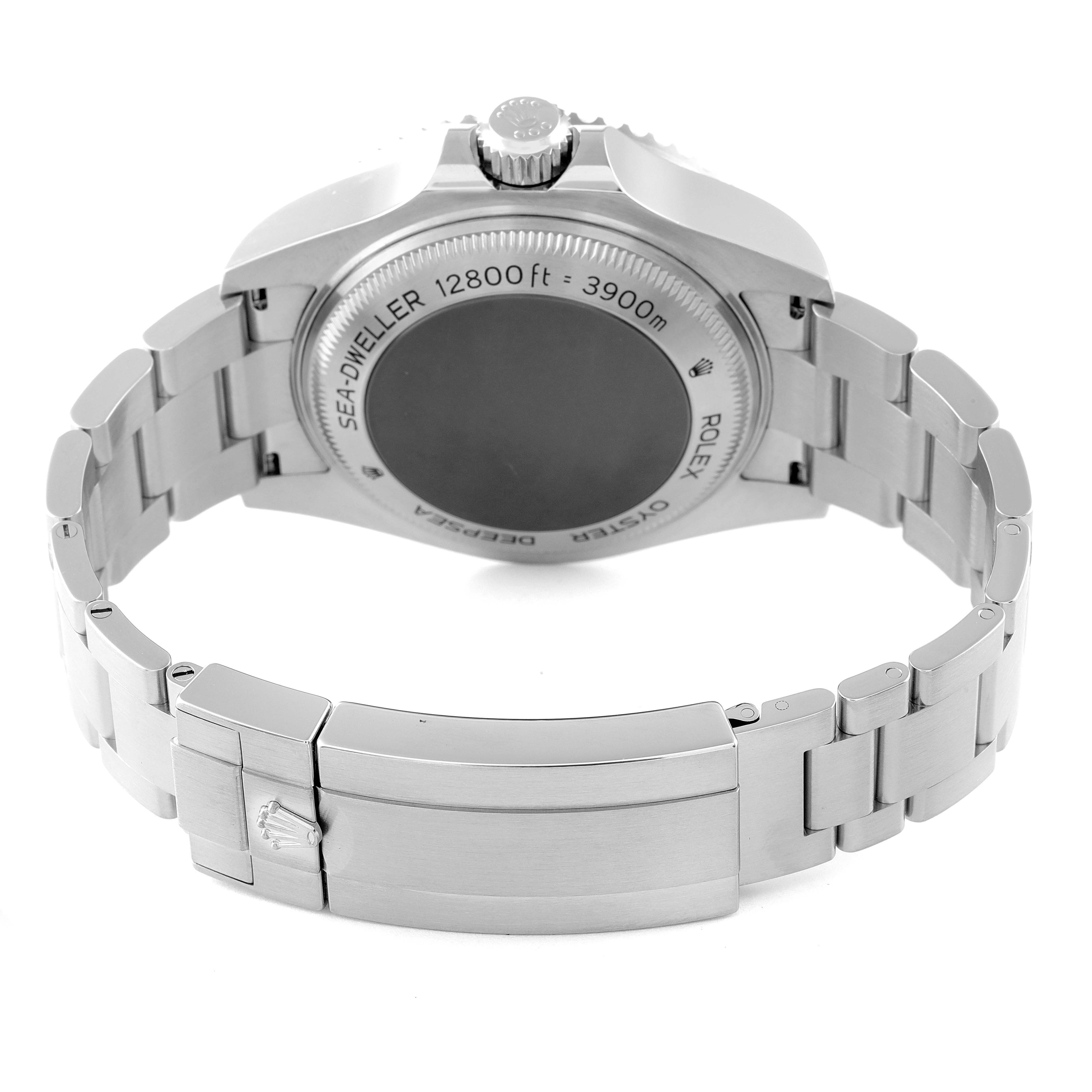 The image shows a rear view of the Rolex Sea-Dweller 126660 Men
s Stainless Steel Blue Dial 126660 Men
s Stainless Steel Blue Dial watch focusing on the case back, bracelet, and clasp.