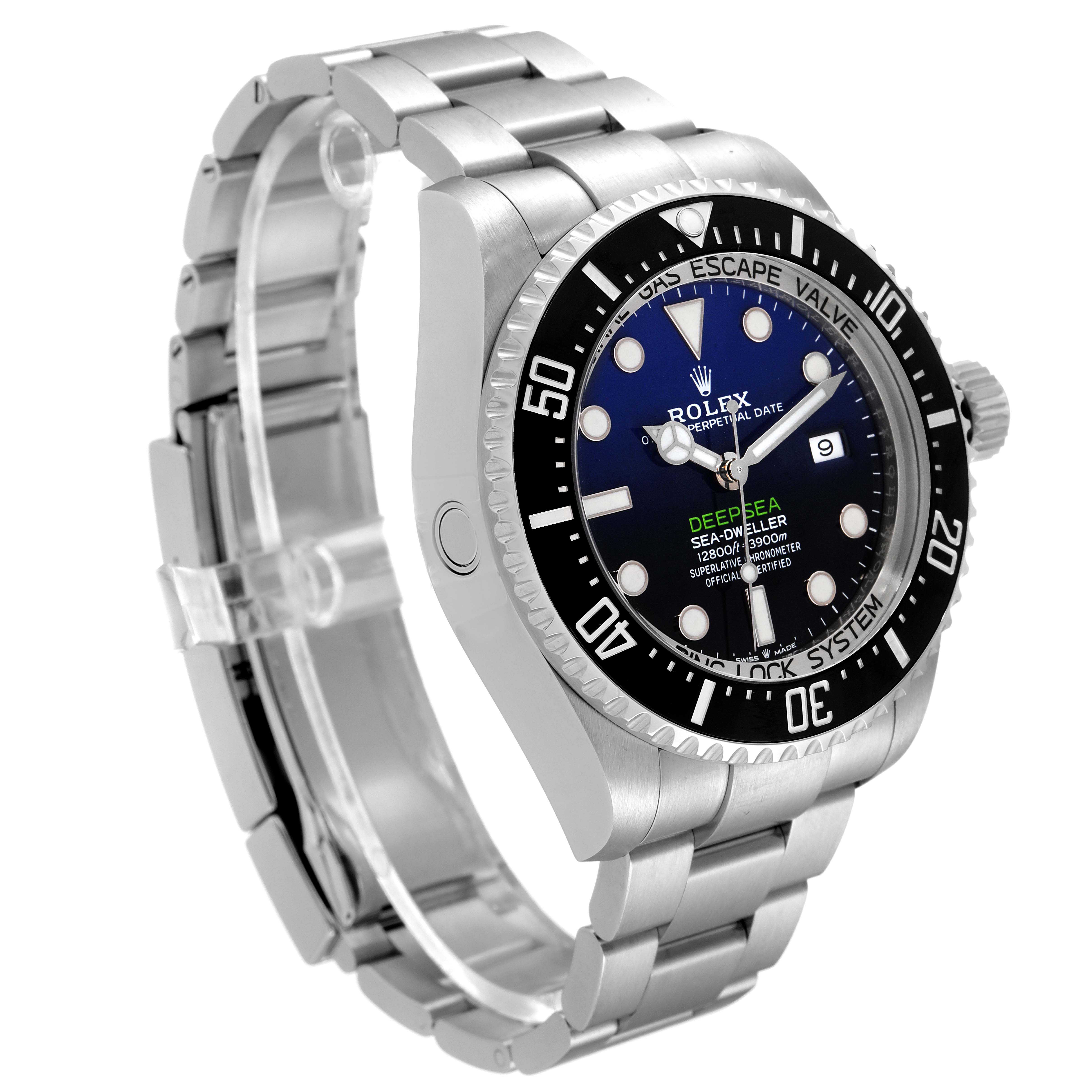 The image shows a Rolex Sea-Dweller 126660 Men
s Stainless Steel Blue Dial 126660 Men
s Stainless Steel Blue Dial watch at a slight oblique angle, revealing the bracelet, bezel, and part of the dial with text.