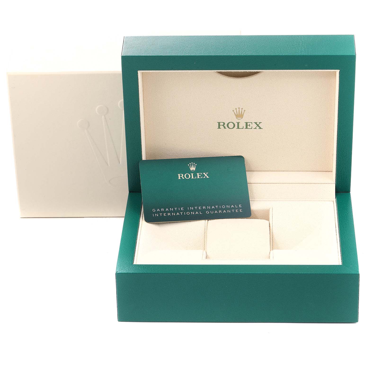 The image shows a Rolex Sea-Dweller 126660 Men
s Stainless Steel Blue Dial 126660 Men
s Stainless Steel Blue Dial watch box open, revealing the inner compartments and the international guarantee card.