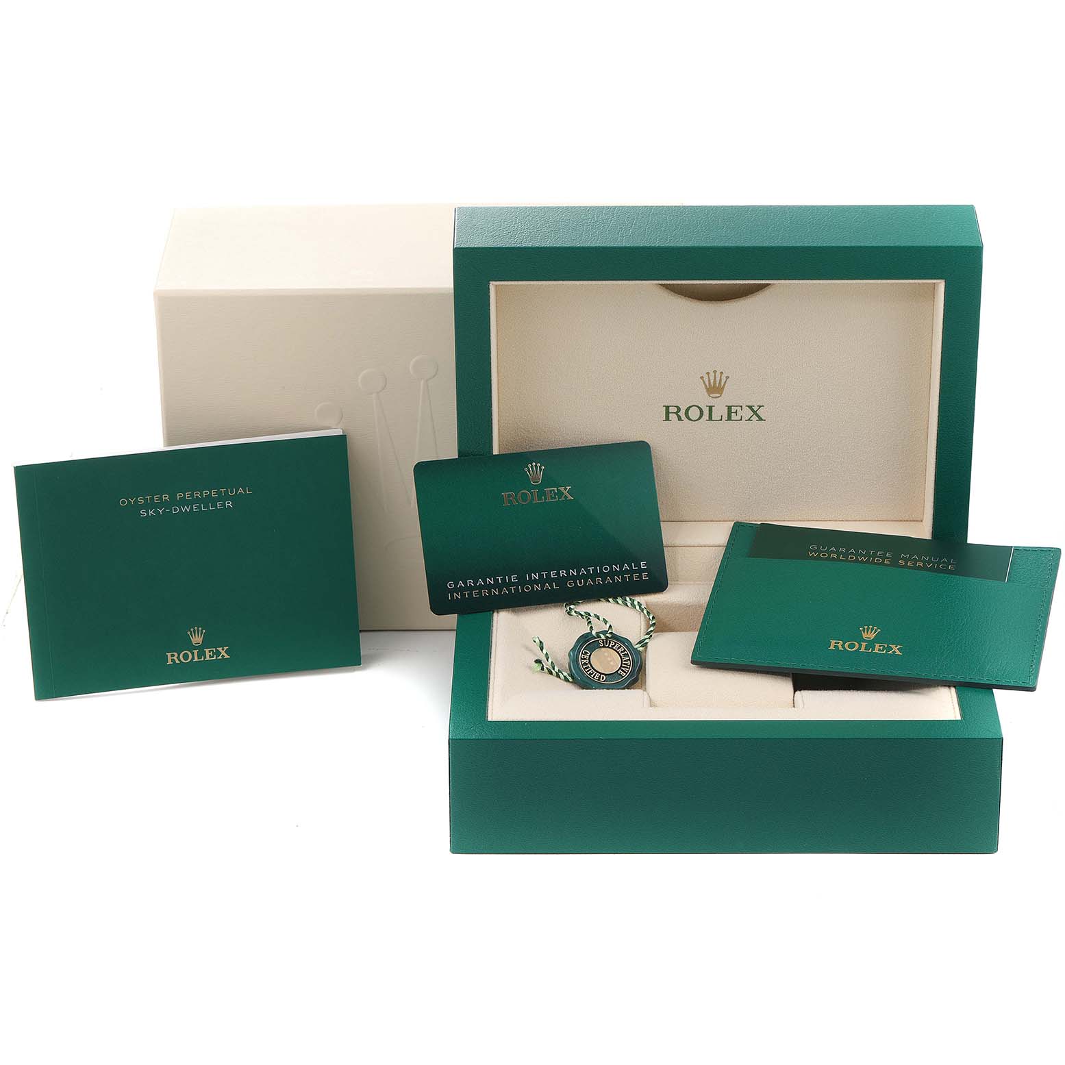 The image shows a Rolex Sky-Dweller 326934 Men's Stainless Steel Blue Dial 326934 Men's Stainless Steel Blue Dial watch box with warranty card, manual, and hang tag at a front angle.