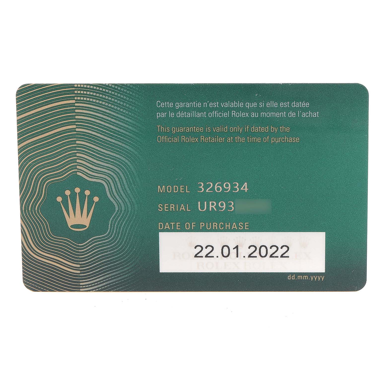 This image shows a warranty card for the Rolex Sky-Dweller 326934 Men's Stainless Steel Blue Dial 326934 Men's Stainless Steel Blue Dial model, displaying the model and serial numbers, and date of purchase.