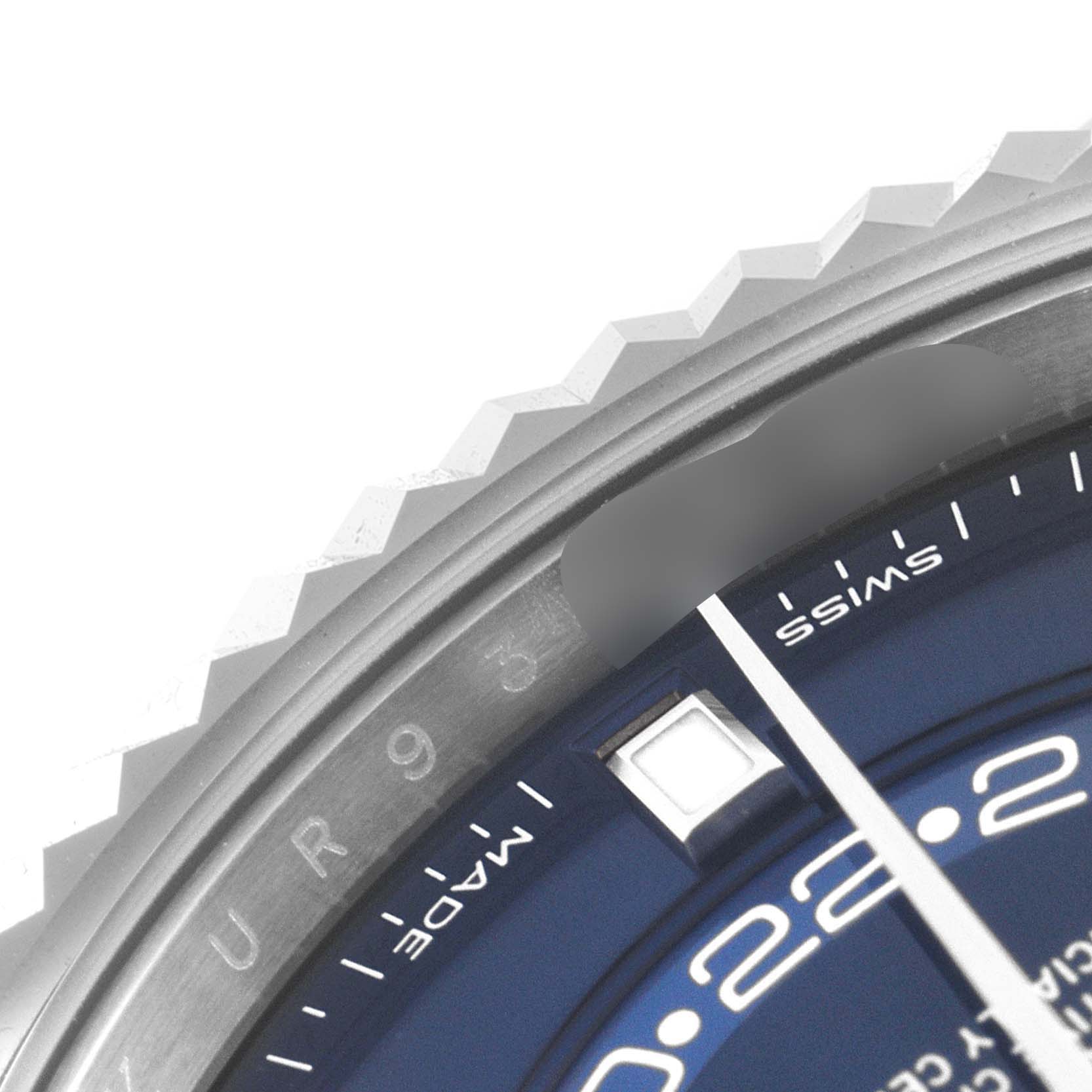 The image shows a close-up of the bezel and dial of a Rolex Sky-Dweller 326934 Men's Stainless Steel Blue Dial 326934 Men's Stainless Steel Blue Dial watch, highlighting part of the date display and the "Swiss Made" text.