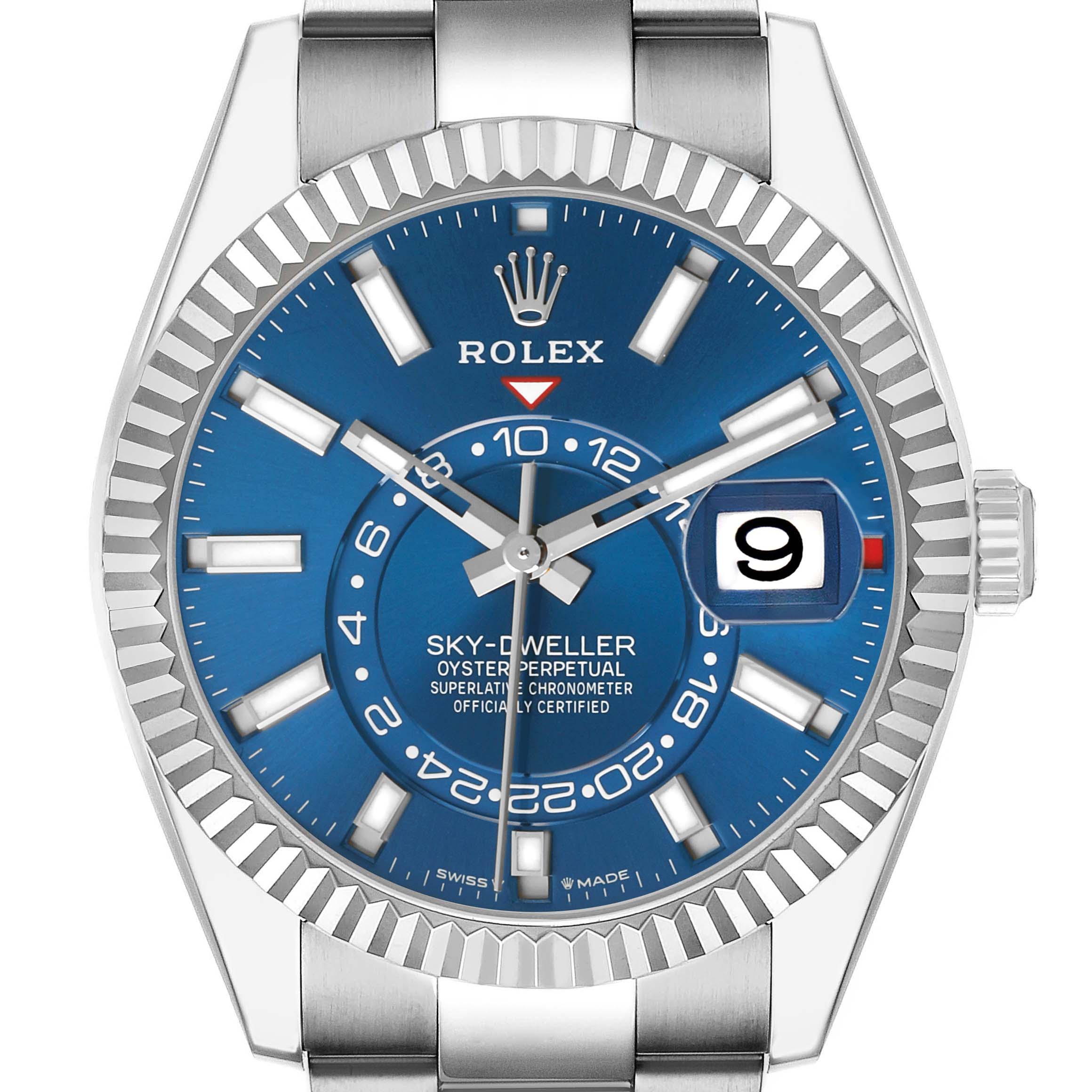 The image shows a front view of a Rolex Sky-Dweller 336934 Men's Stainless Steel Blue Dial watch, highlighting its blue dial, rotating bezel, and crown.