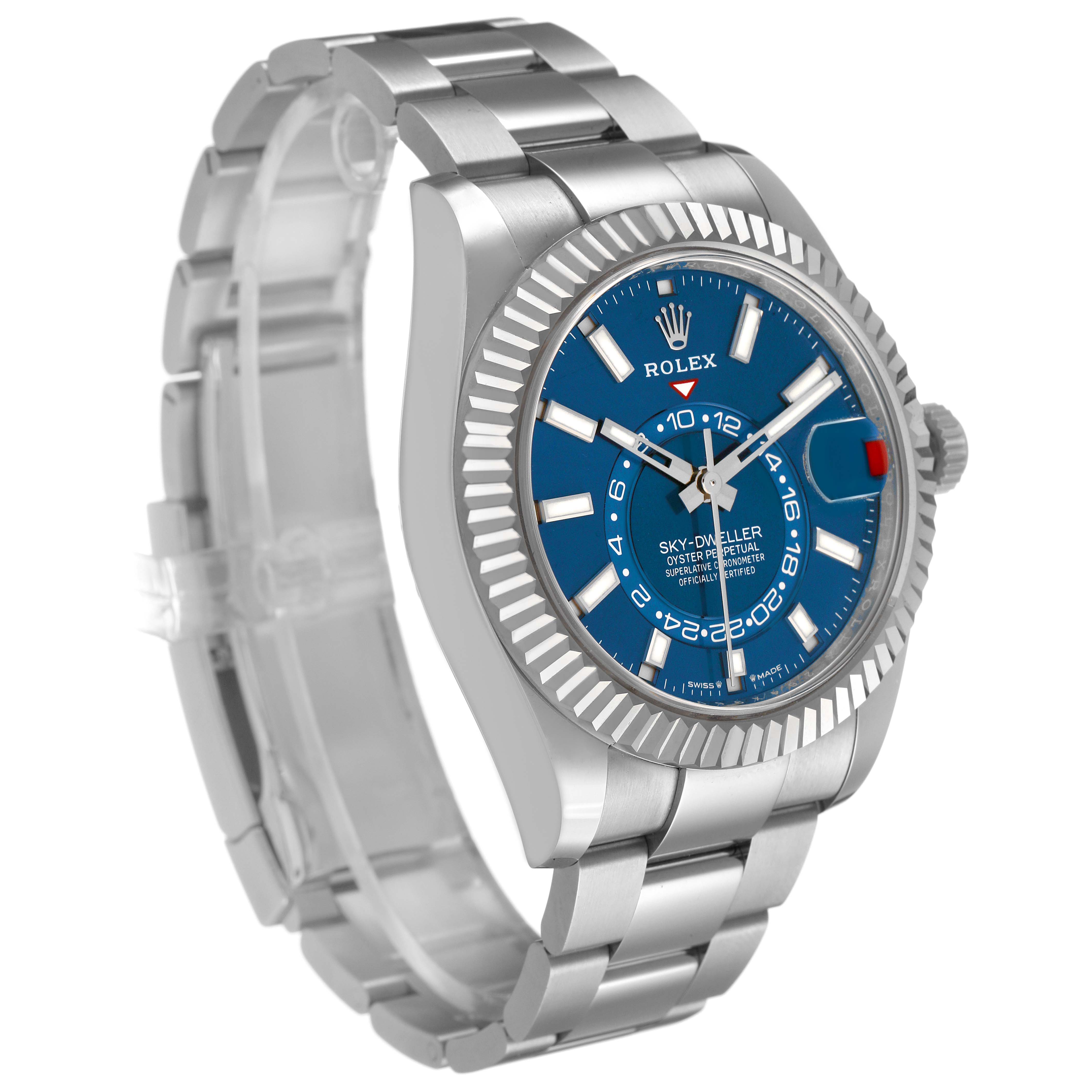 The Rolex Sky-Dweller 336934 Men's Stainless Steel Blue Dial watch is shown at a three-quarter angle, highlighting the bracelet, bezel, and blue dial.