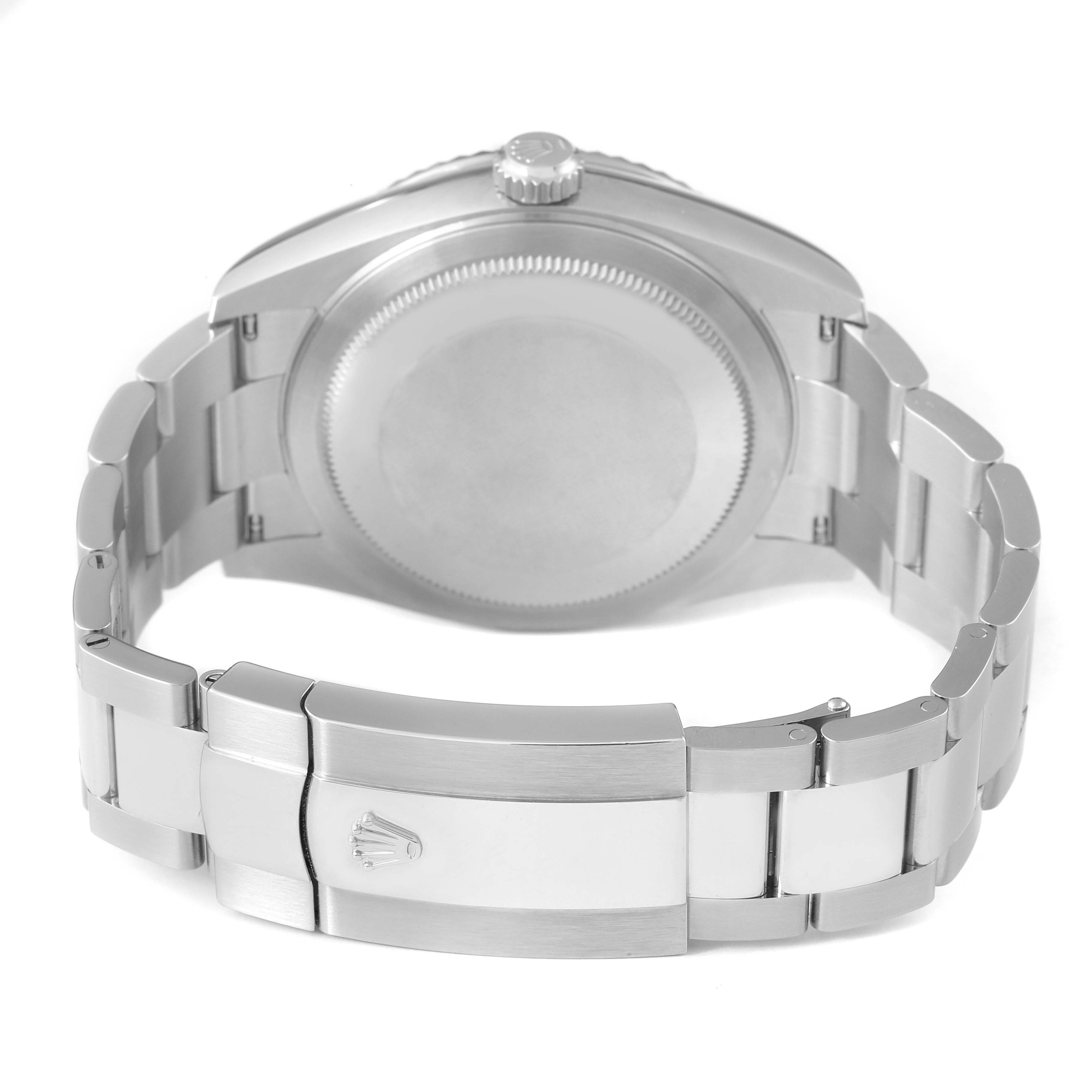 The image shows the back of the Rolex Sky-Dweller 336934 Men's Stainless Steel Blue Dial, highlighting the case back and clasp of the bracelet.