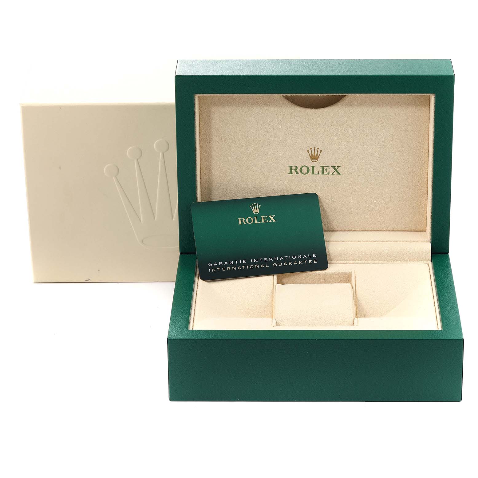 The image shows the open packaging box and international guarantee card for a Rolex Submariner 126610 Men
s Stainless Steel Black Dial 126610 Men
s Stainless Steel Black Dial watch.