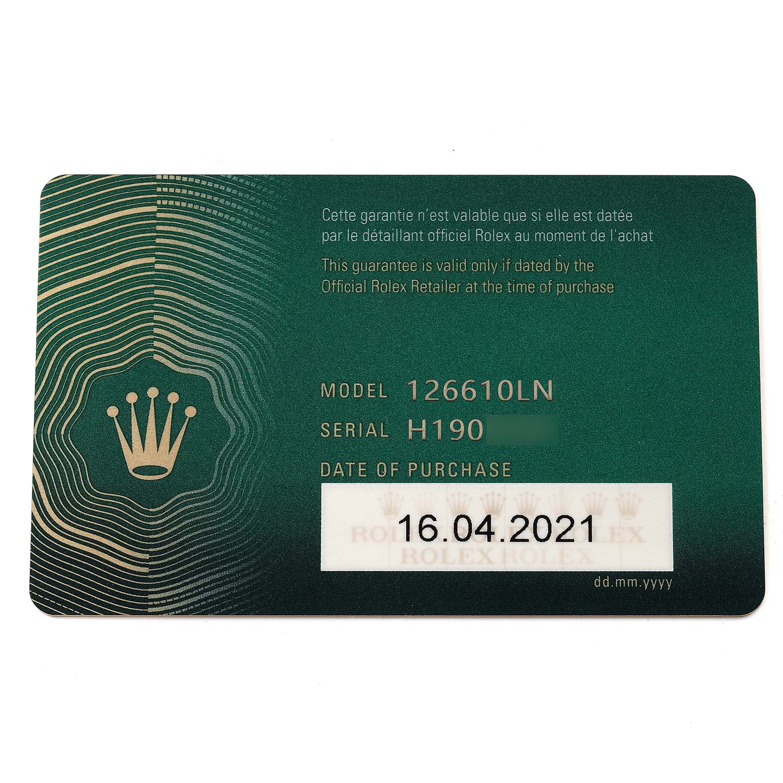 This image displays a warranty card for the Rolex Submariner 126610 Men
s Stainless Steel Black Dial 126610 Men
s Stainless Steel Black Dial model 126610LN, with the purchase date of April 16, 2021.