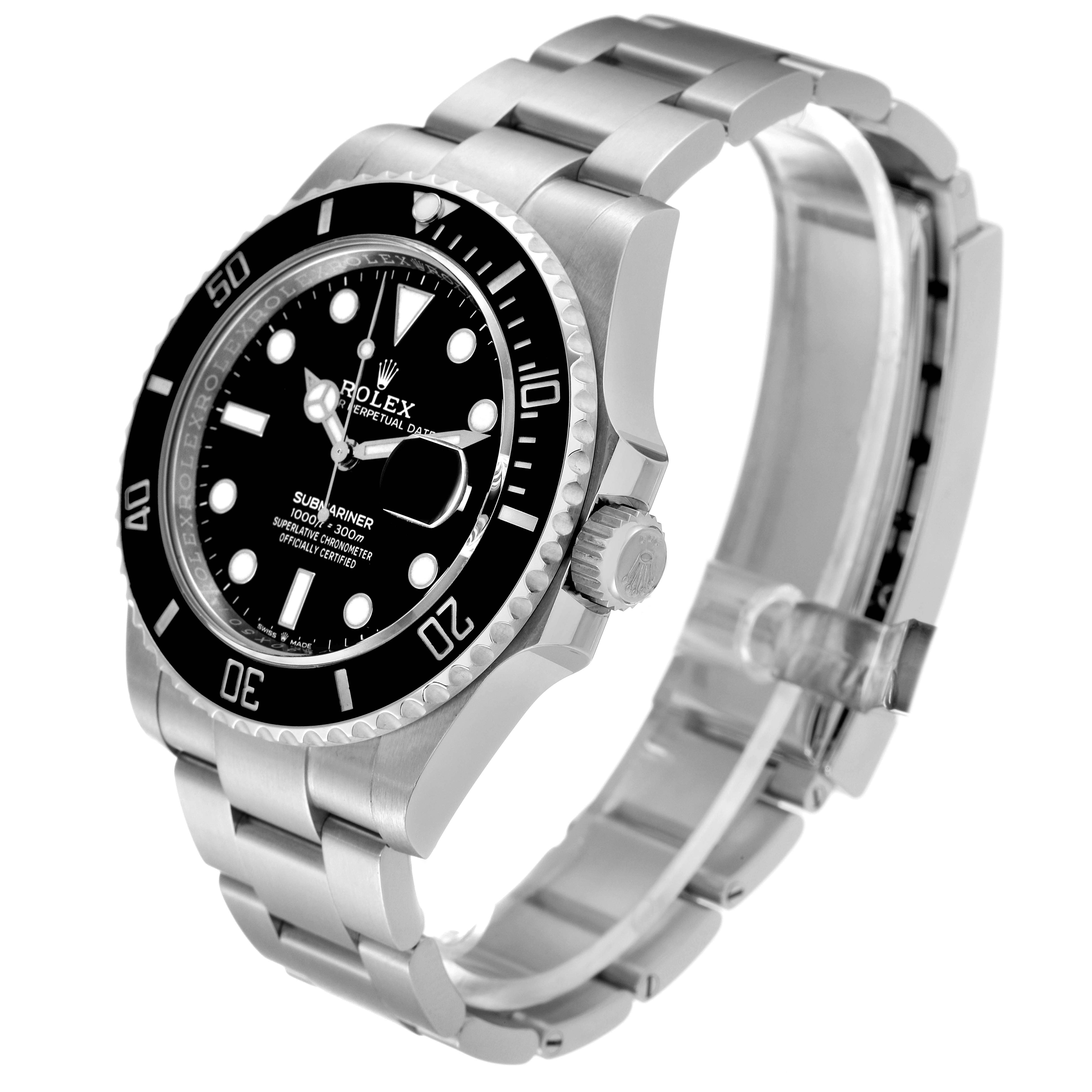 The image shows a side view angle of the Rolex Submariner 126610 Men
s Stainless Steel Black Dial 126610 Men
s Stainless Steel Black Dial, highlighting the wristband, bezel, crown, and dial.