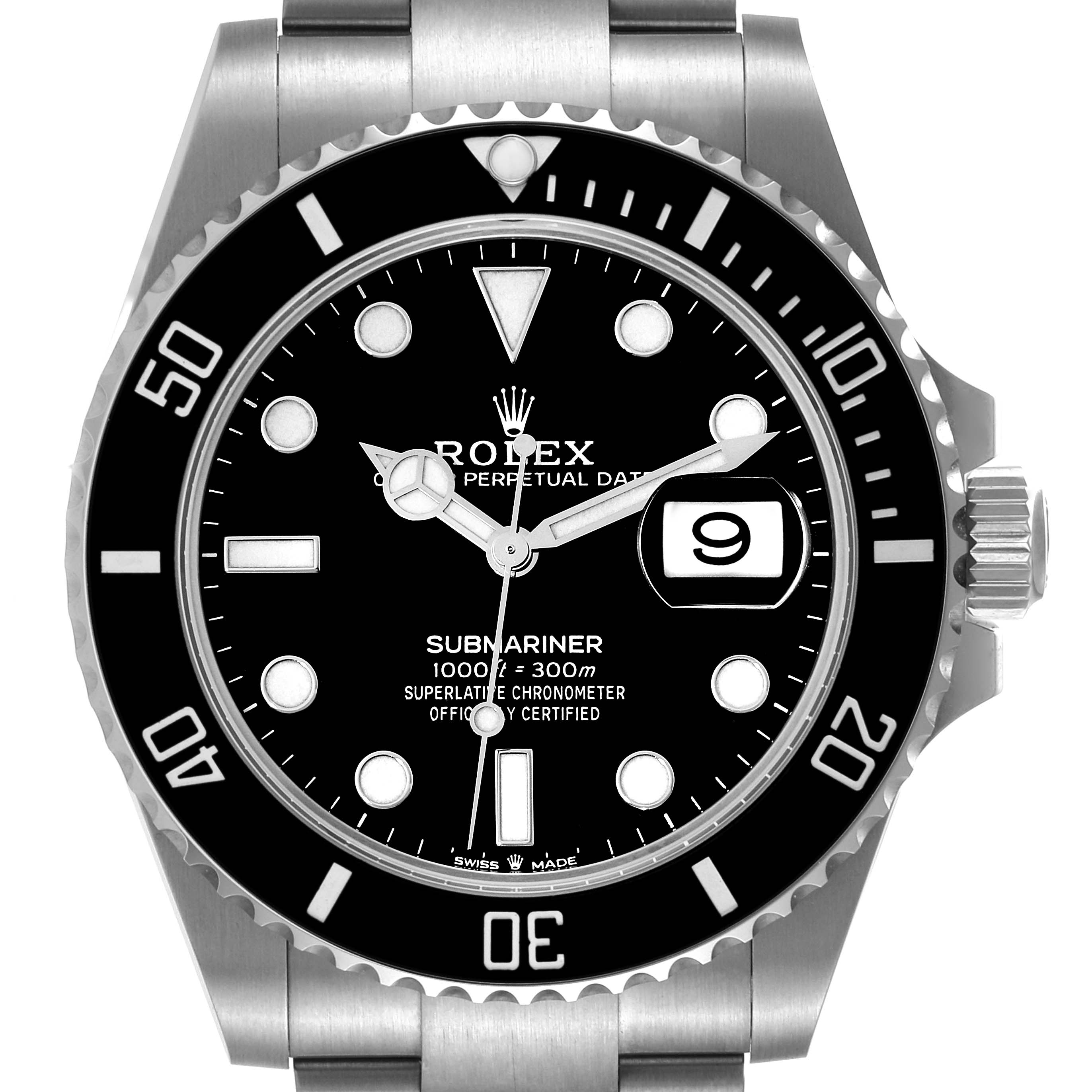 This image shows a front view of the Rolex Submariner 126610 Men
s Stainless Steel Black Dial 126610 Men
s Stainless Steel Black Dial, highlighting its black dial, bezel, and date display.