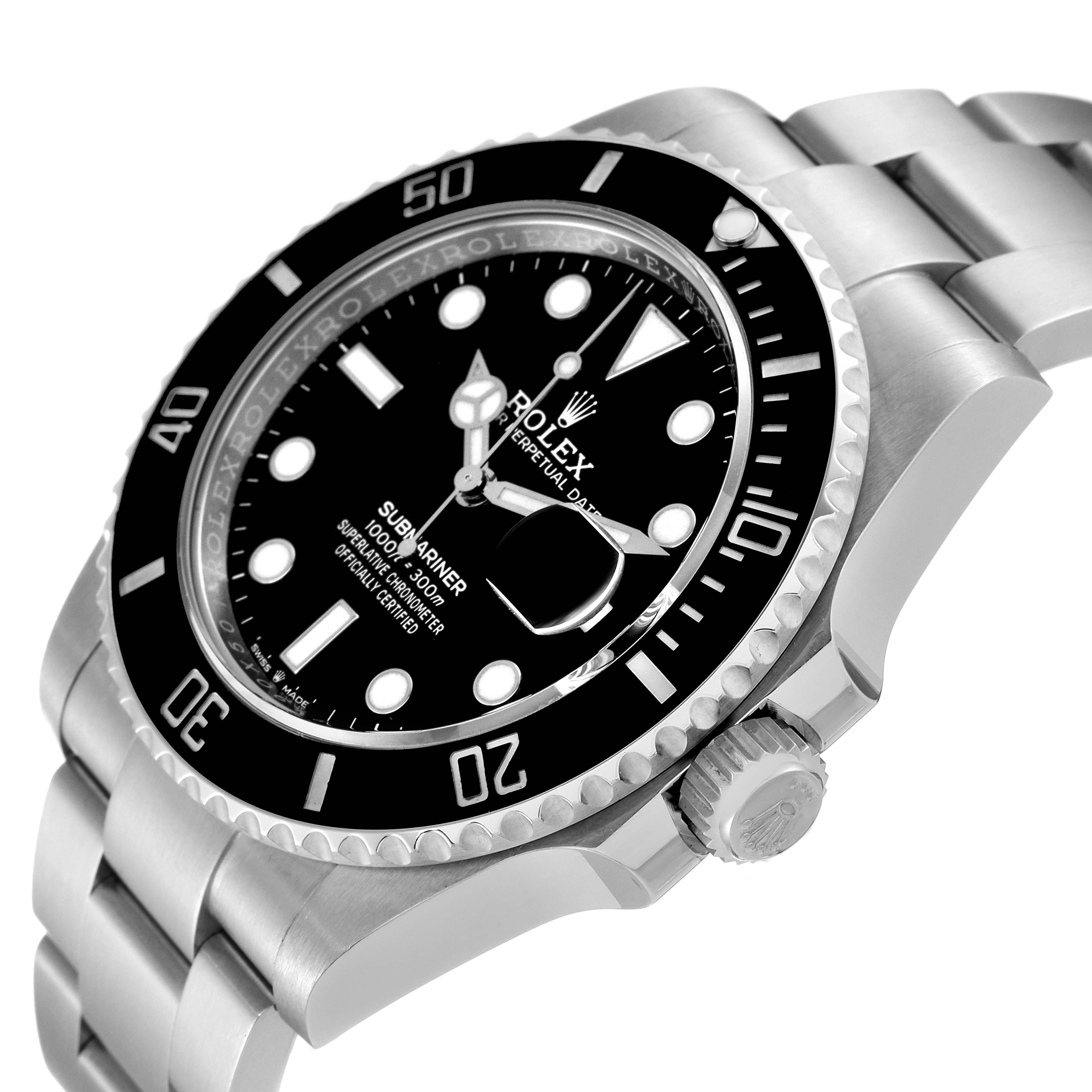 This image shows a close-up angled view of a Rolex Submariner 126610 Men
s Stainless Steel Black Dial 126610 Men
s Stainless Steel Black Dial watch, highlighting the dial, bezel, and bracelet.