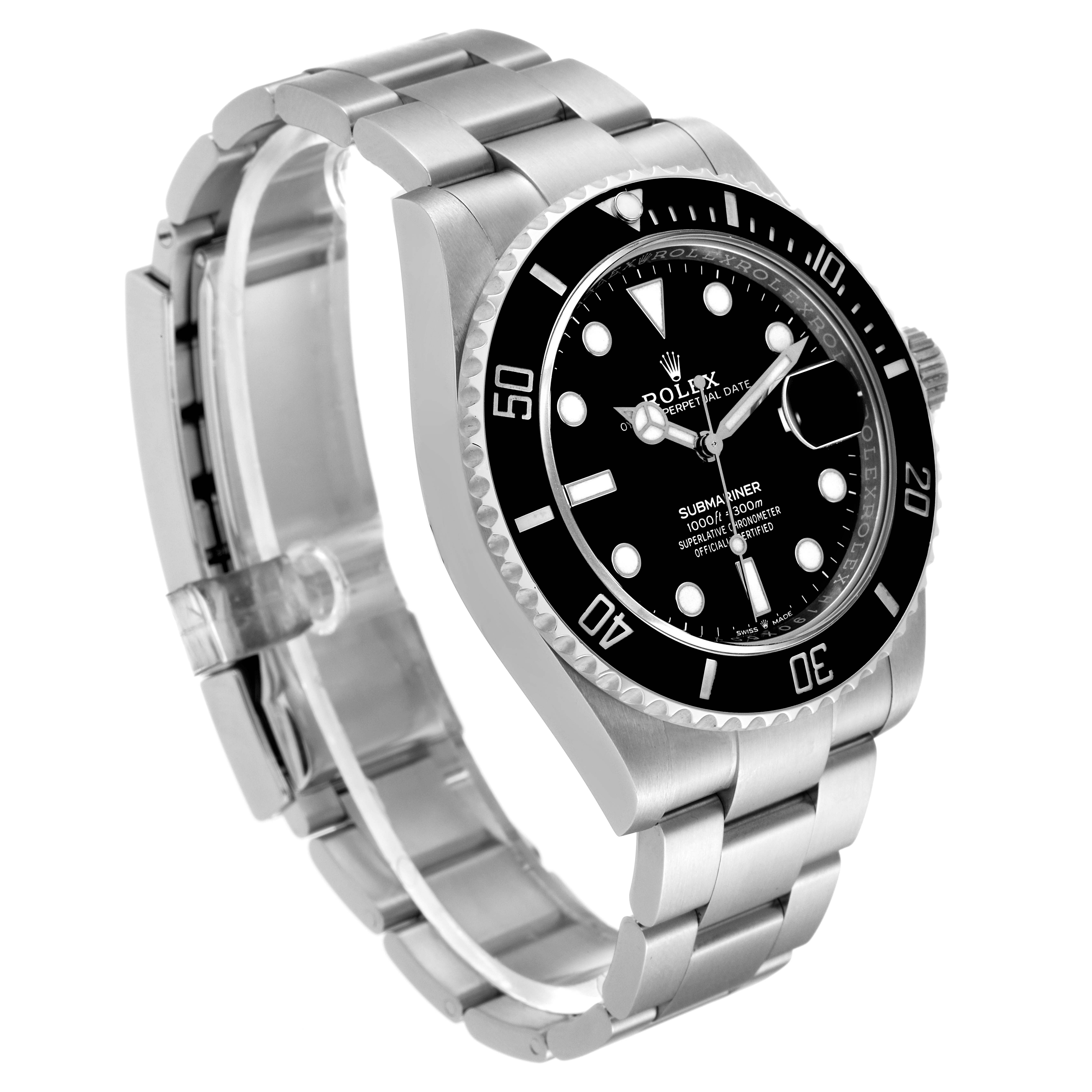 The image shows a Rolex Submariner 126610 Men
s Stainless Steel Black Dial 126610 Men
s Stainless Steel Black Dial watch from an angled perspective, displaying its face, bezel, crown, and bracelet.