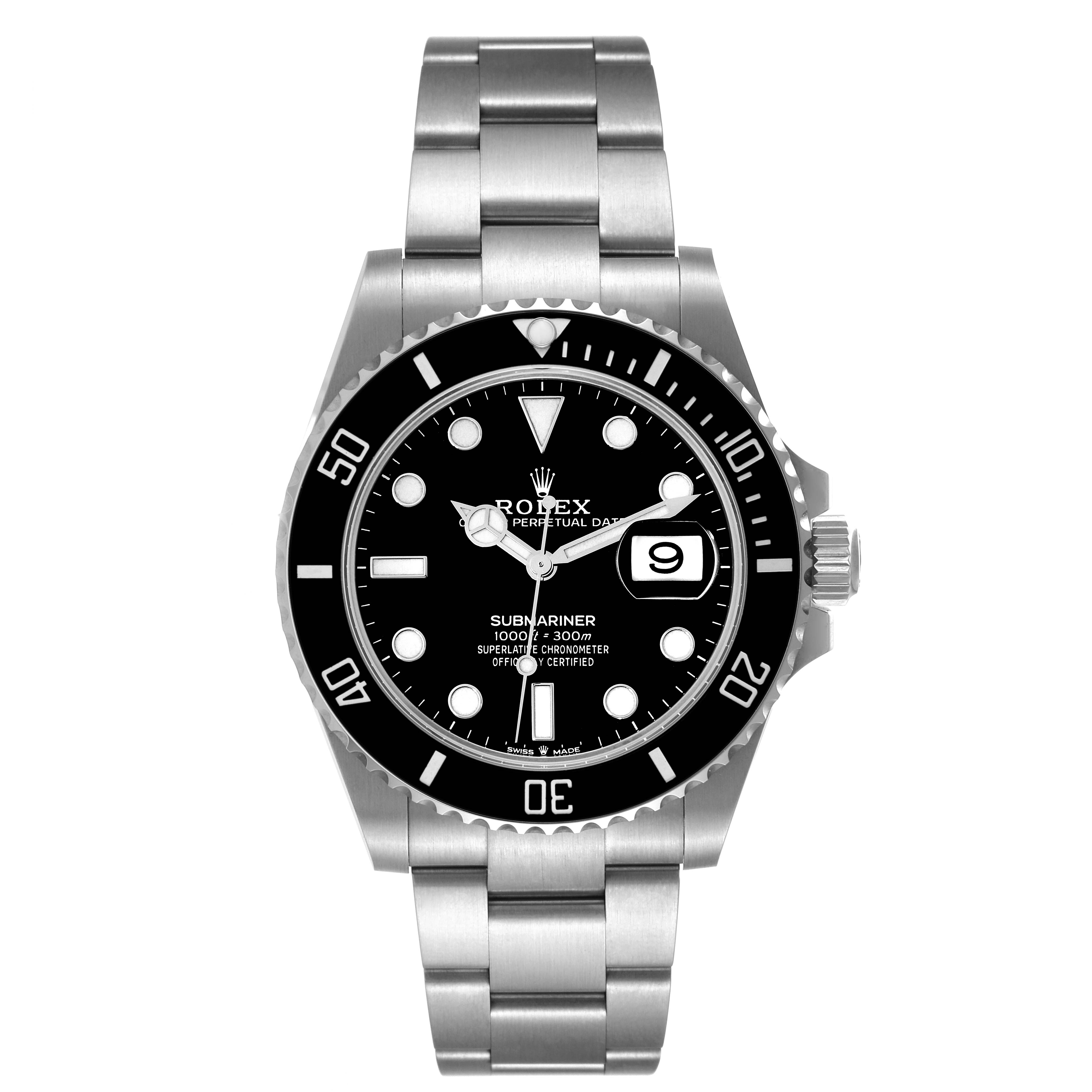 The image shows a front view of the Rolex Submariner 126610 Men
s Stainless Steel Black Dial 126610 Men
s Stainless Steel Black Dial watch, featuring its face, bezel, and stainless steel bracelet.