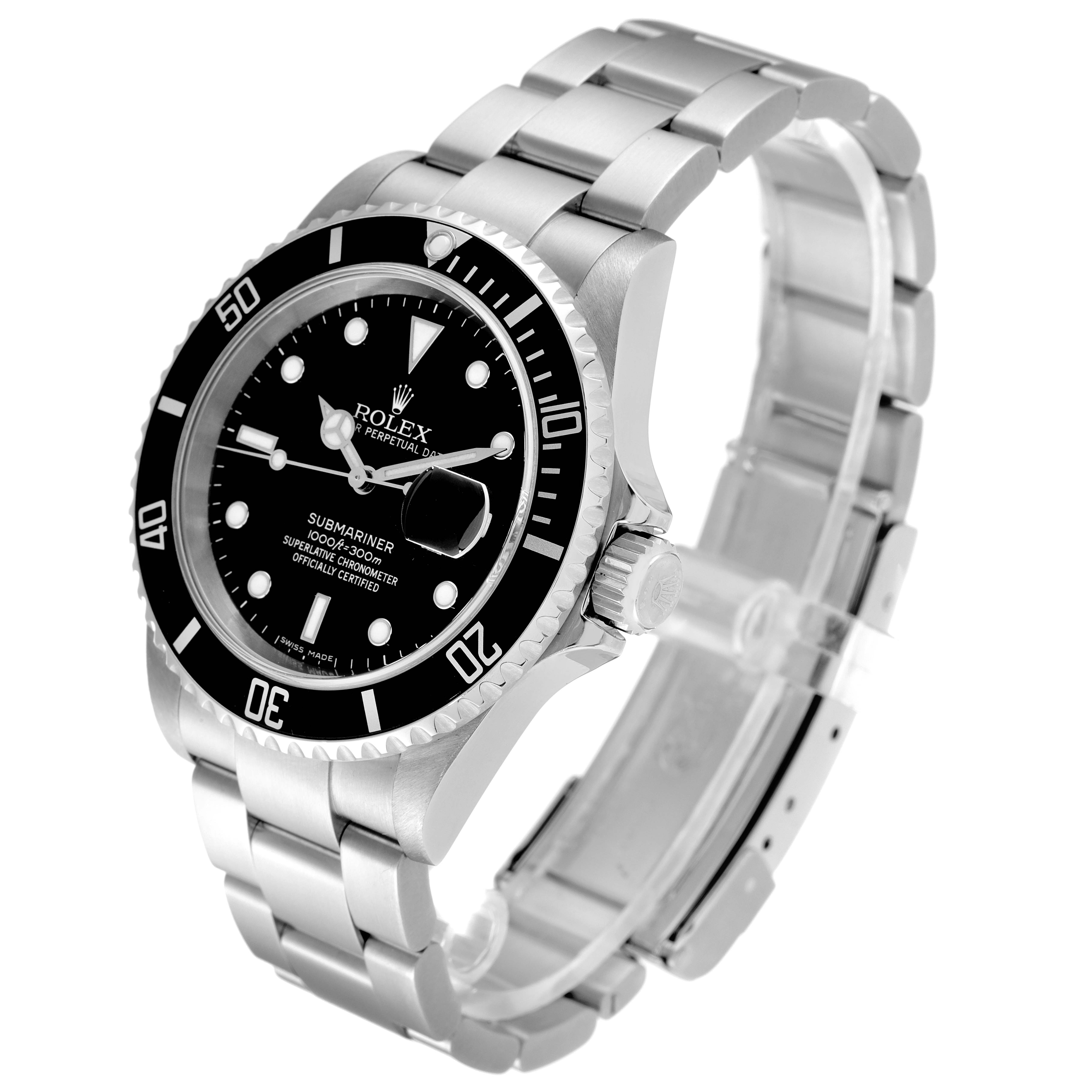 The image shows the Rolex Submariner 16610 Men
s Stainless Steel Black Dial 16610 Men
s Stainless Steel Black Dial from a three-quarter view highlighting the dial, bezel, case, bracelet, and crown.