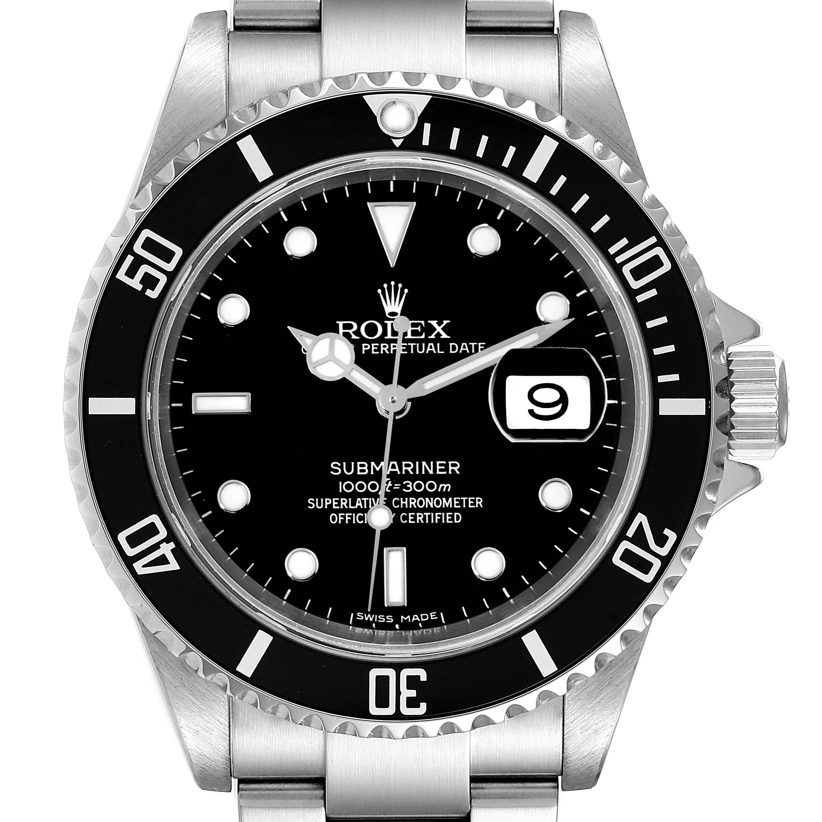 The image shows a front view of the Rolex Submariner 16610 Men
s Stainless Steel Black Dial 16610 Men
s Stainless Steel Black Dial watch, highlighting its dial, bezel, and bracelet.