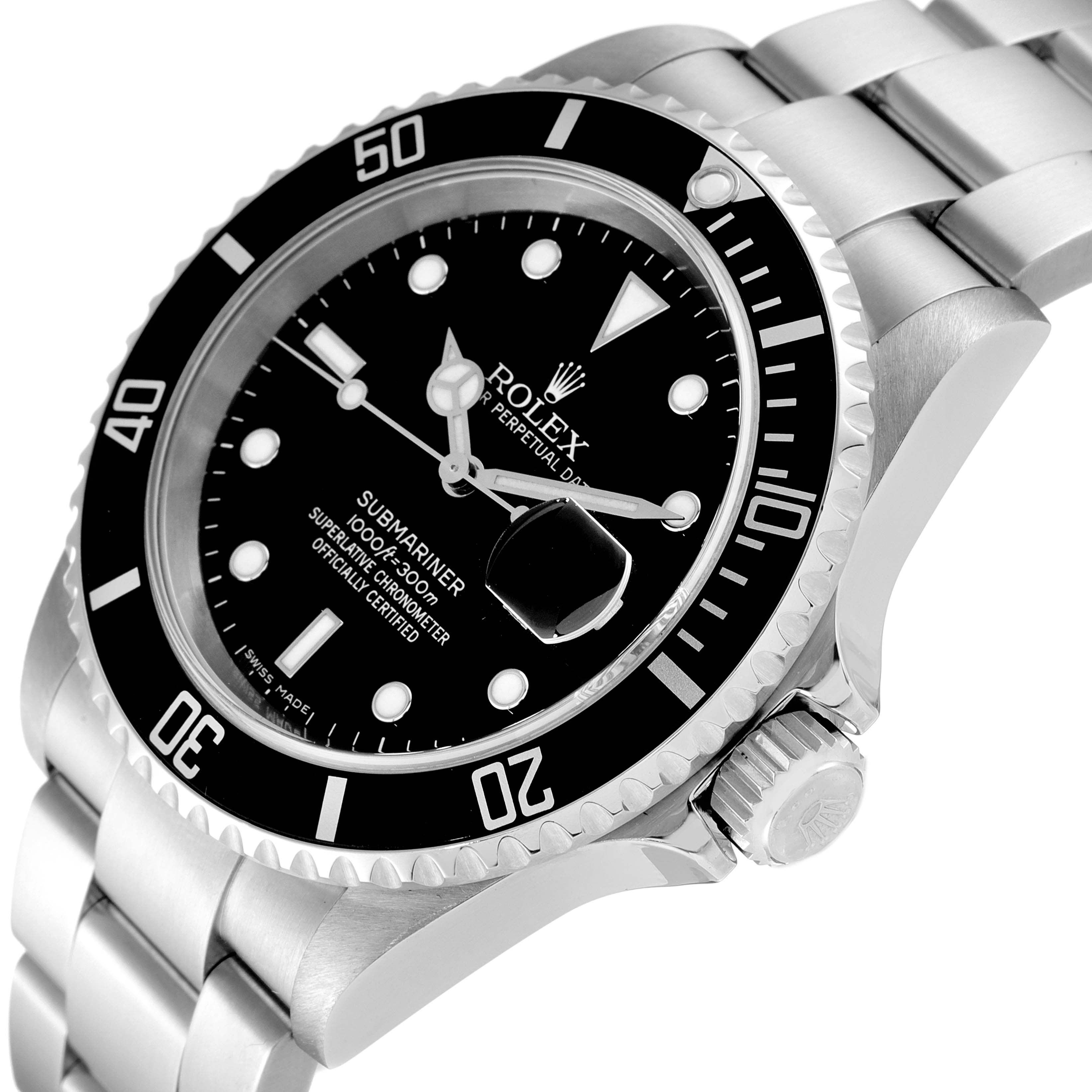 The image shows a close-up angled view of a Rolex Submariner 16610 Men
s Stainless Steel Black Dial 16610 Men
s Stainless Steel Black Dial watch highlighting its bezel, crown, dial, and bracelet.
