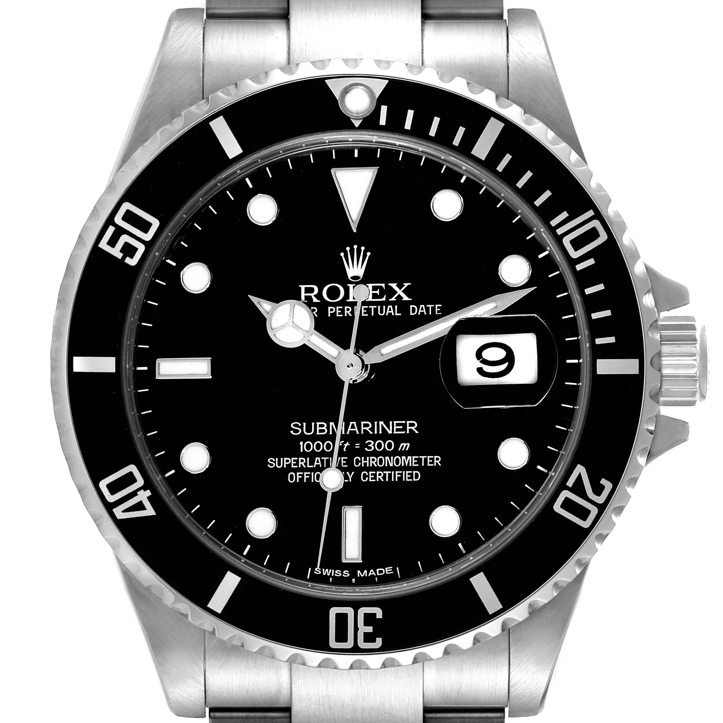 This image shows a frontal view of the Rolex Submariner 16610 Men
s Stainless Steel Black Dial 16610 Men
s Stainless Steel Black Dial watch, highlighting the dial, bezel, and part of the bracelet.