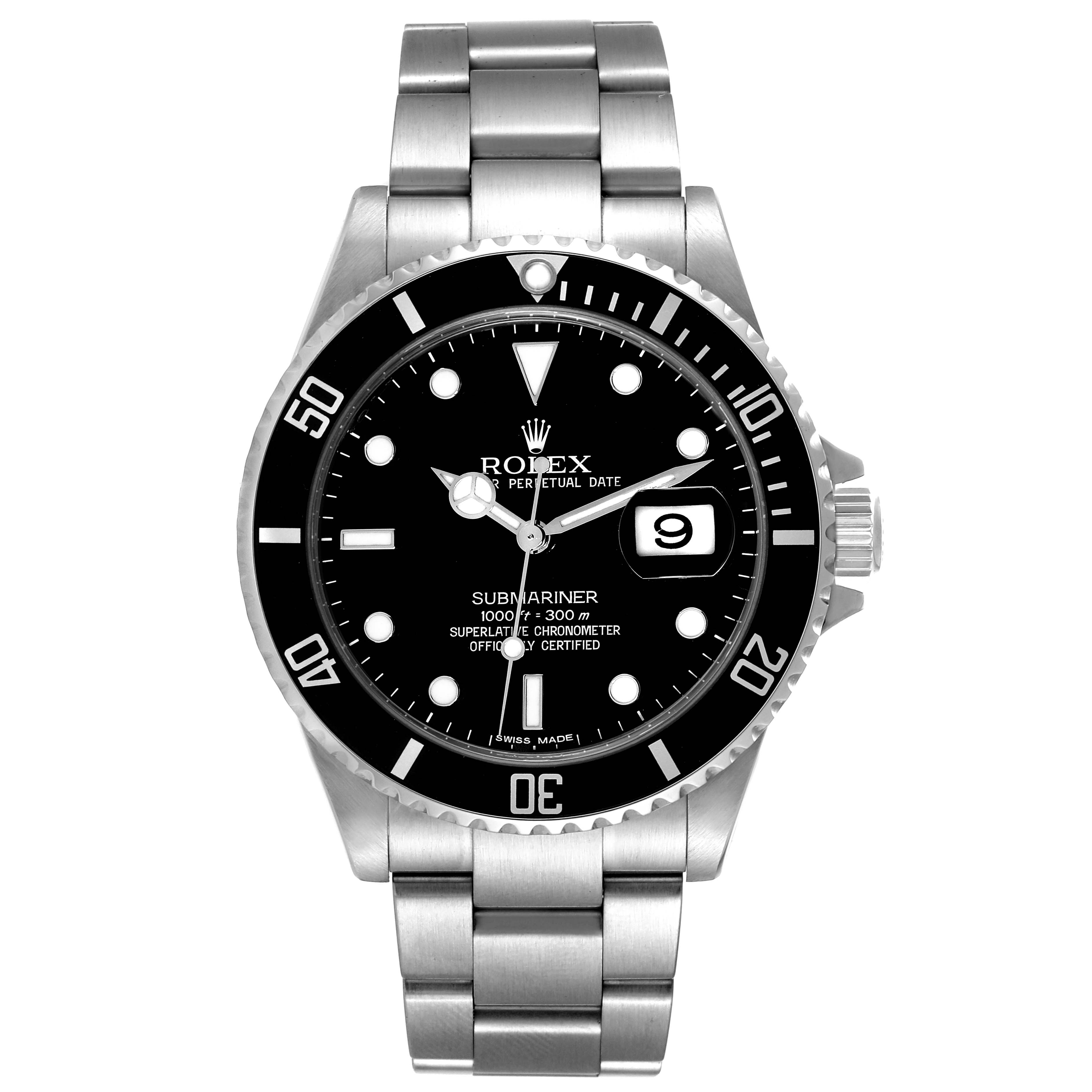 The image shows a front view of the Rolex Submariner 16610 Men
s Stainless Steel Black Dial 16610 Men
s Stainless Steel Black Dial watch, displaying its face, bezel, and stainless steel bracelet.