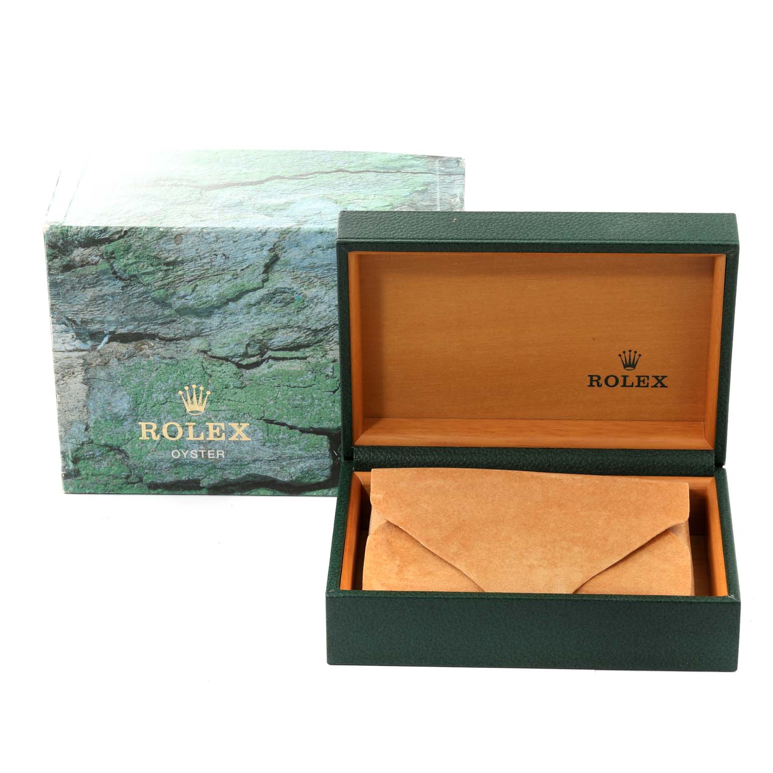 The image shows a green Rolex Submariner 16610 Men
s Stainless Steel Black Dial 16610 Men
s Stainless Steel Black Dial watch box and a protective interior case, with the box
s lid open and the exterior packaging visible.