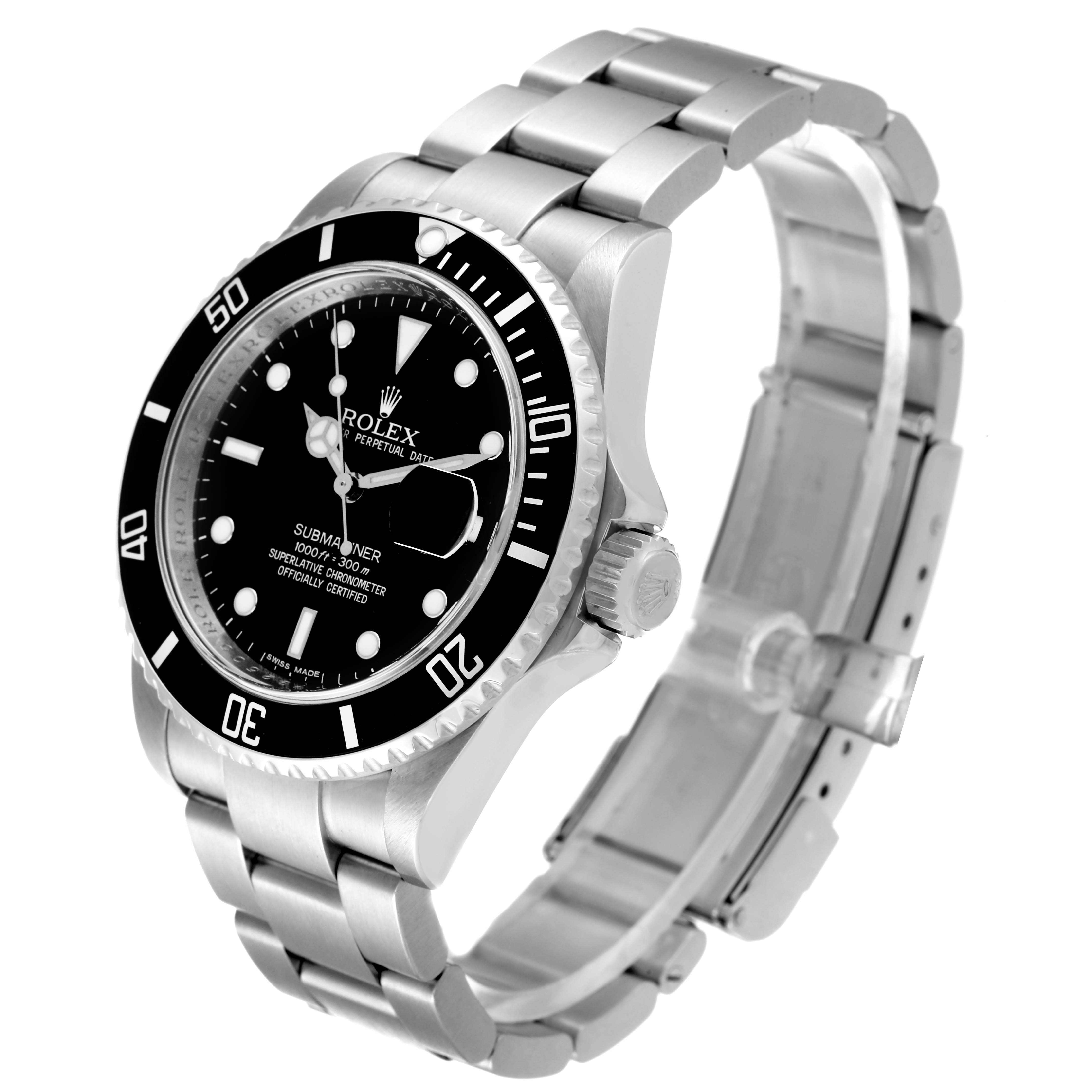 The Rolex Submariner 16610 Men
s Stainless Steel Black Dial 16610 Men
s Stainless Steel Black Dial watch is shown from a three-quarter angle, displaying the dial, bezel, case, and bracelet.