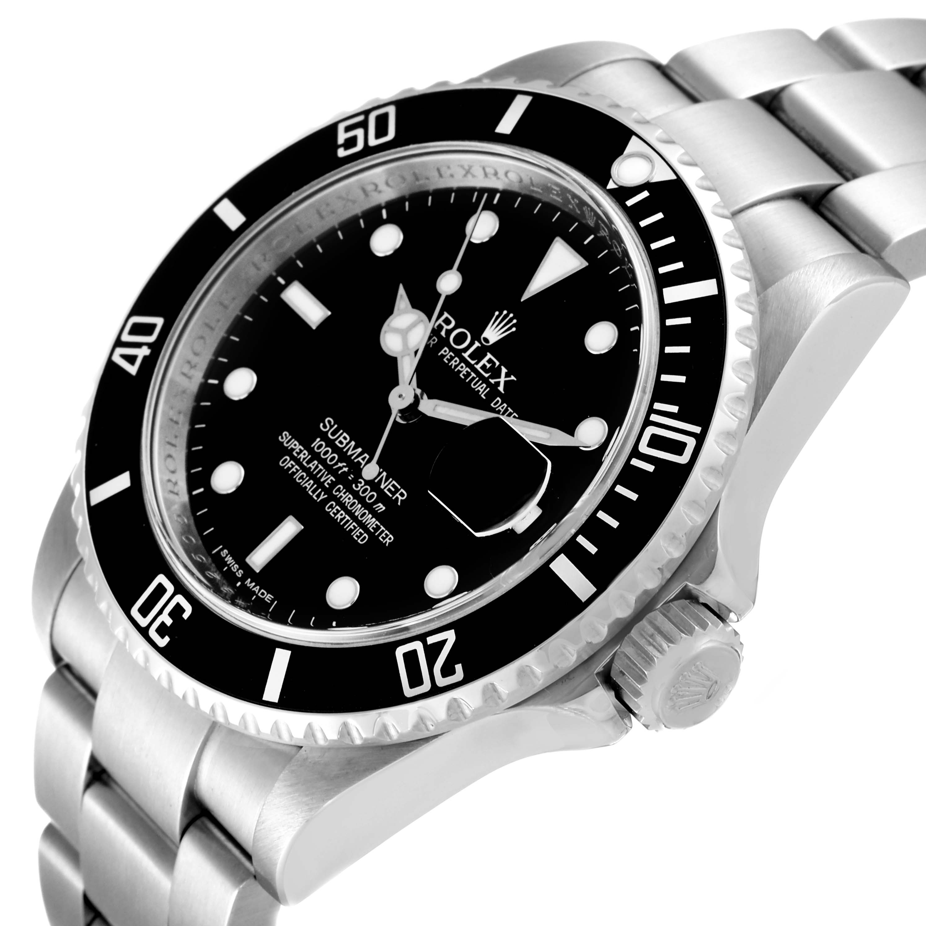 The image shows a close-up, angled view of a Rolex Submariner 16610 Men
s Stainless Steel Black Dial 16610 Men
s Stainless Steel Black Dial watch, highlighting its face, bezel, and part of the bracelet.