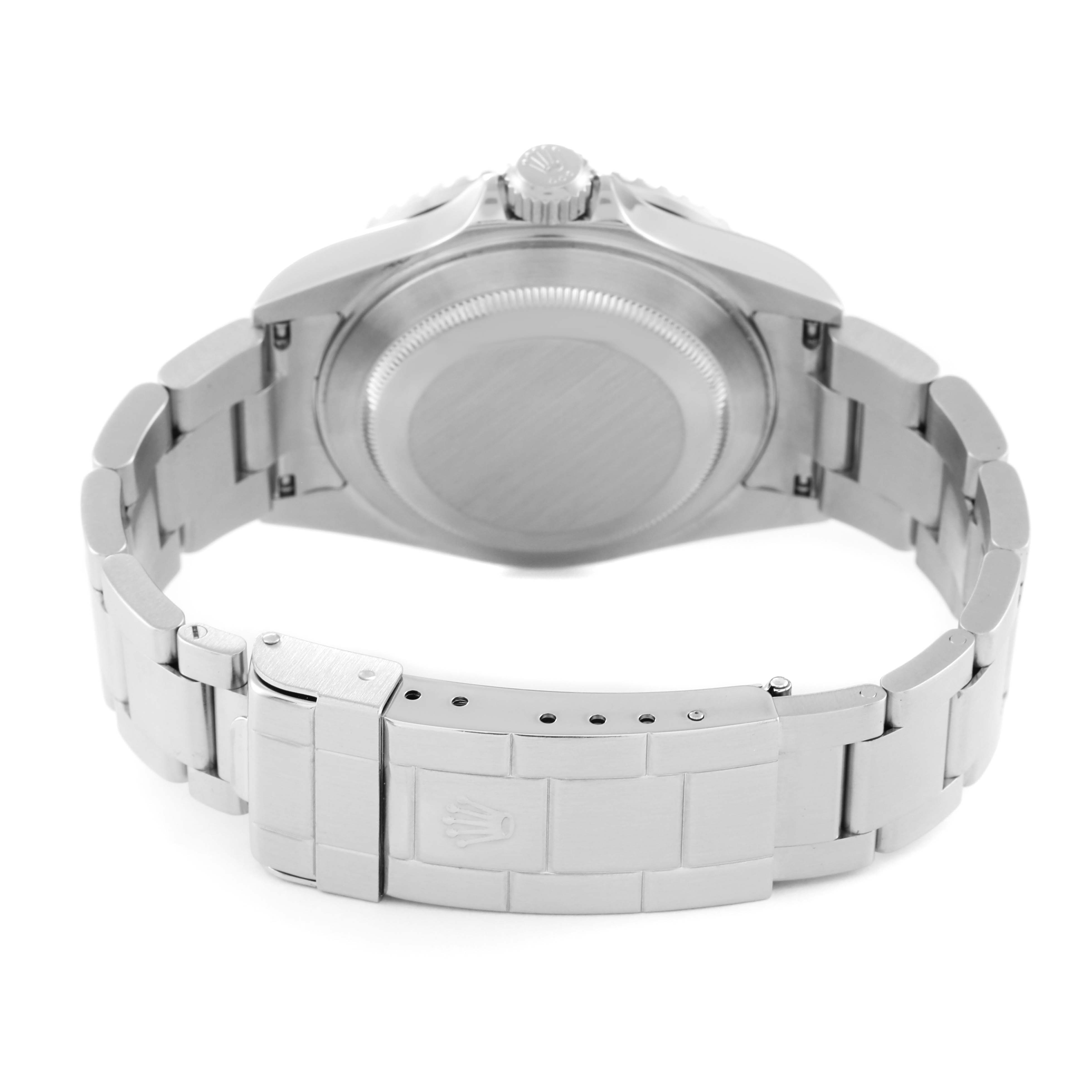 The image shows the back case and bracelet clasp of a Rolex Submariner 16610 Men
s Stainless Steel Black Dial 16610 Men
s Stainless Steel Black Dial watch from a rear angle.