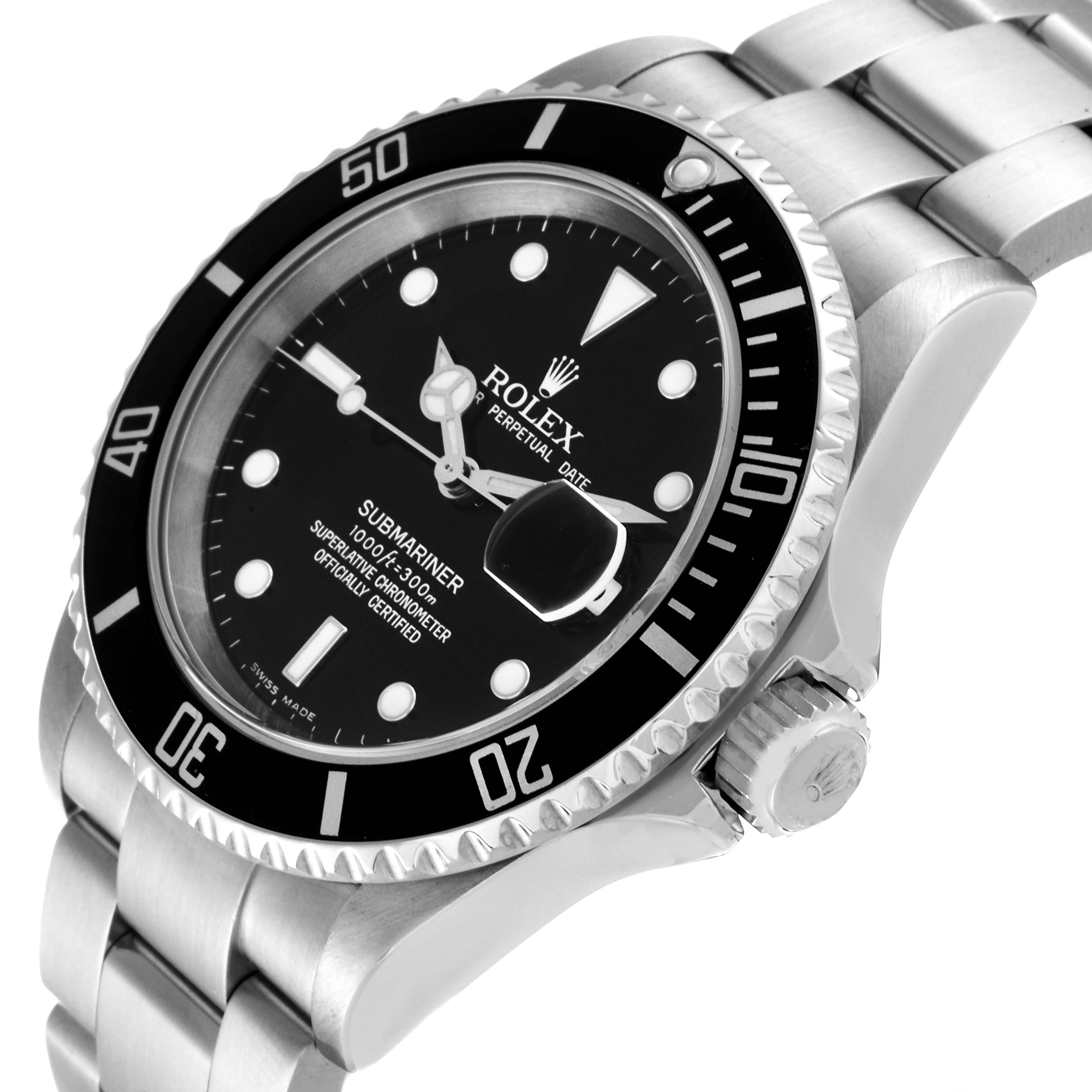 This image shows a close-up, angled view of the Rolex Submariner 16610 Men
s Stainless Steel Black Dial 16610 Men
s Stainless Steel Black Dial watch, highlighting the bezel, dial, and crown.