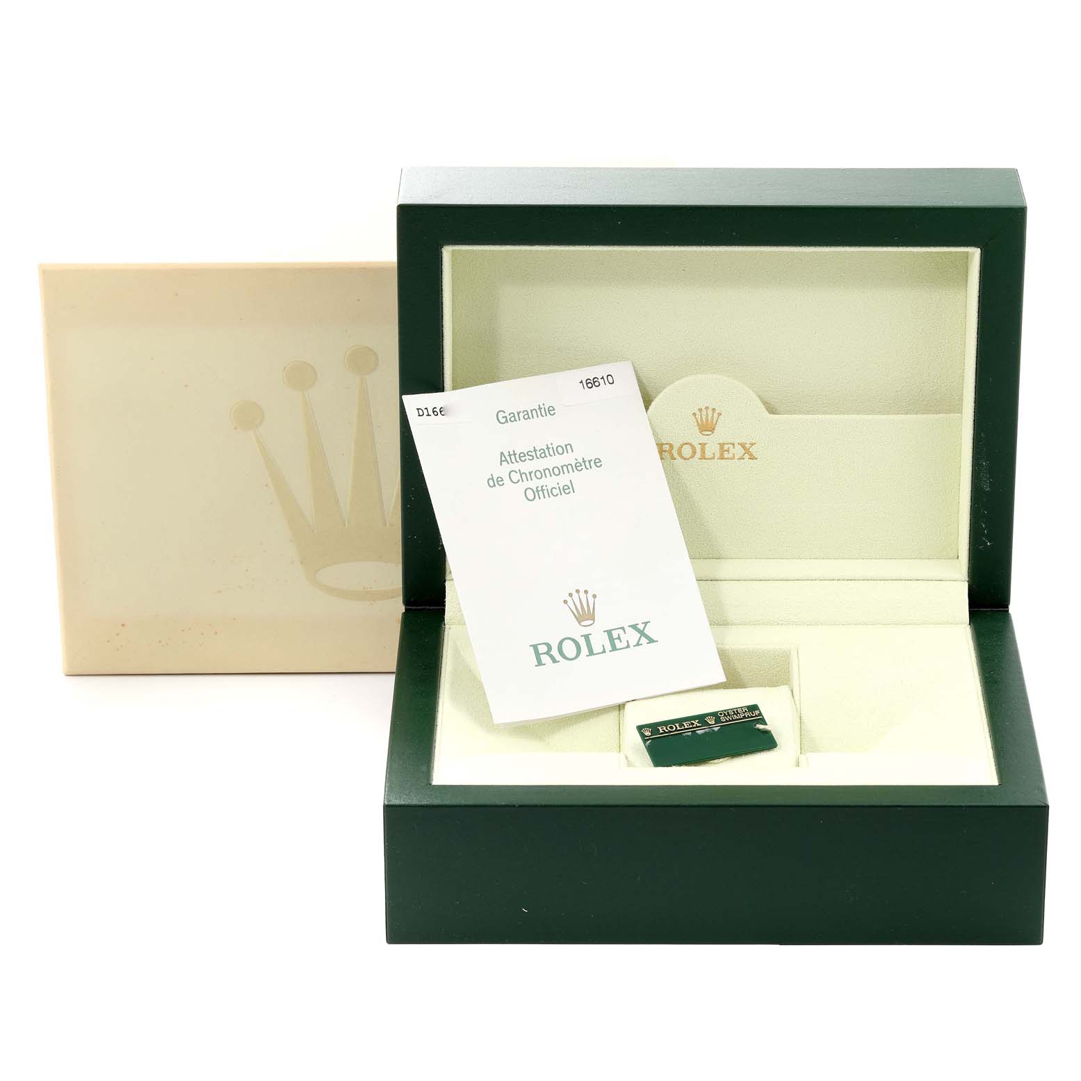 The image shows an open Rolex Submariner 16610 Men
s Stainless Steel Black Dial 16610 Men
s Stainless Steel Black Dial box and warranty cards, viewed from the front.