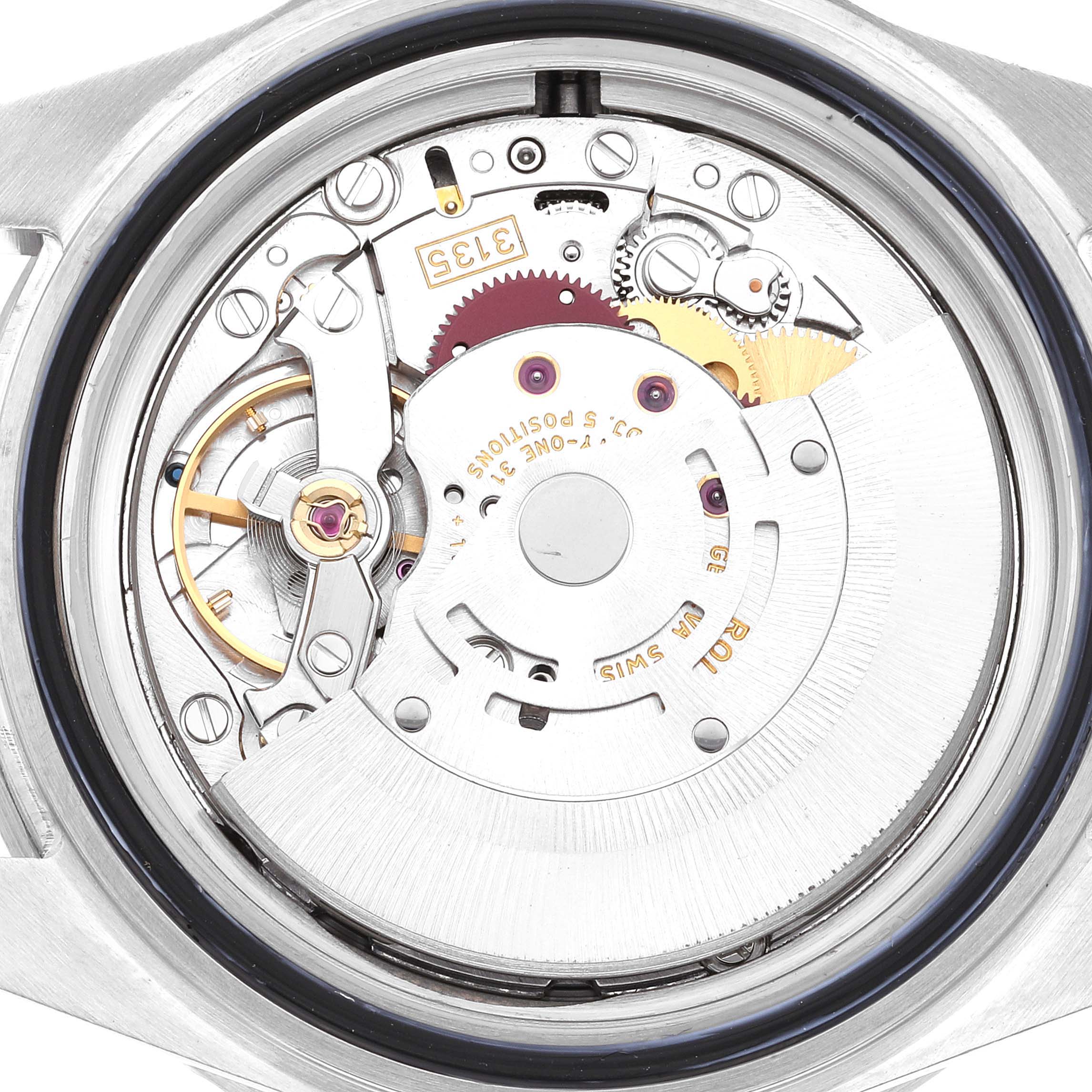 The image shows the inner mechanism and movement parts of a Rolex Submariner 16610 Men
s Stainless Steel Black Dial 16610 Men
s Stainless Steel Black Dial watch from a rear angle.