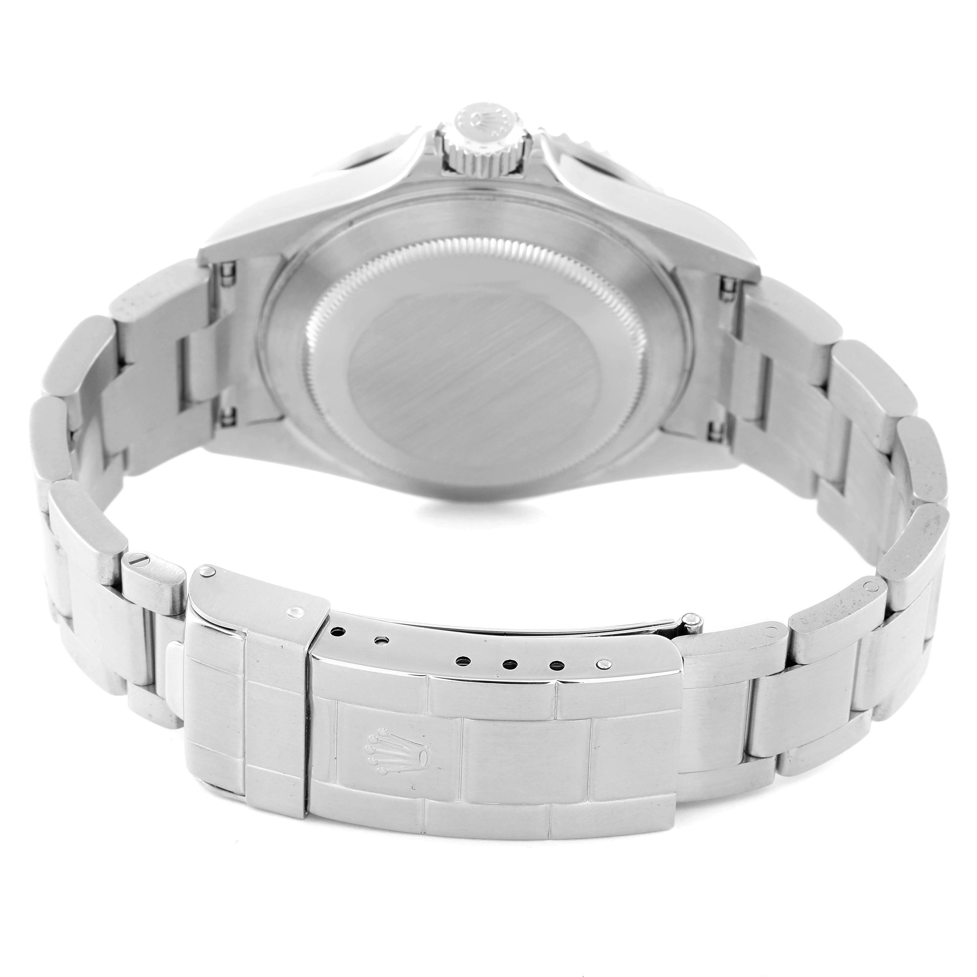 The image shows the back view of a Rolex Submariner 16610 Men
s Stainless Steel Black Dial 16610 Men
s Stainless Steel Black Dial watch, highlighting the stainless steel bracelet, case back, and clasp.