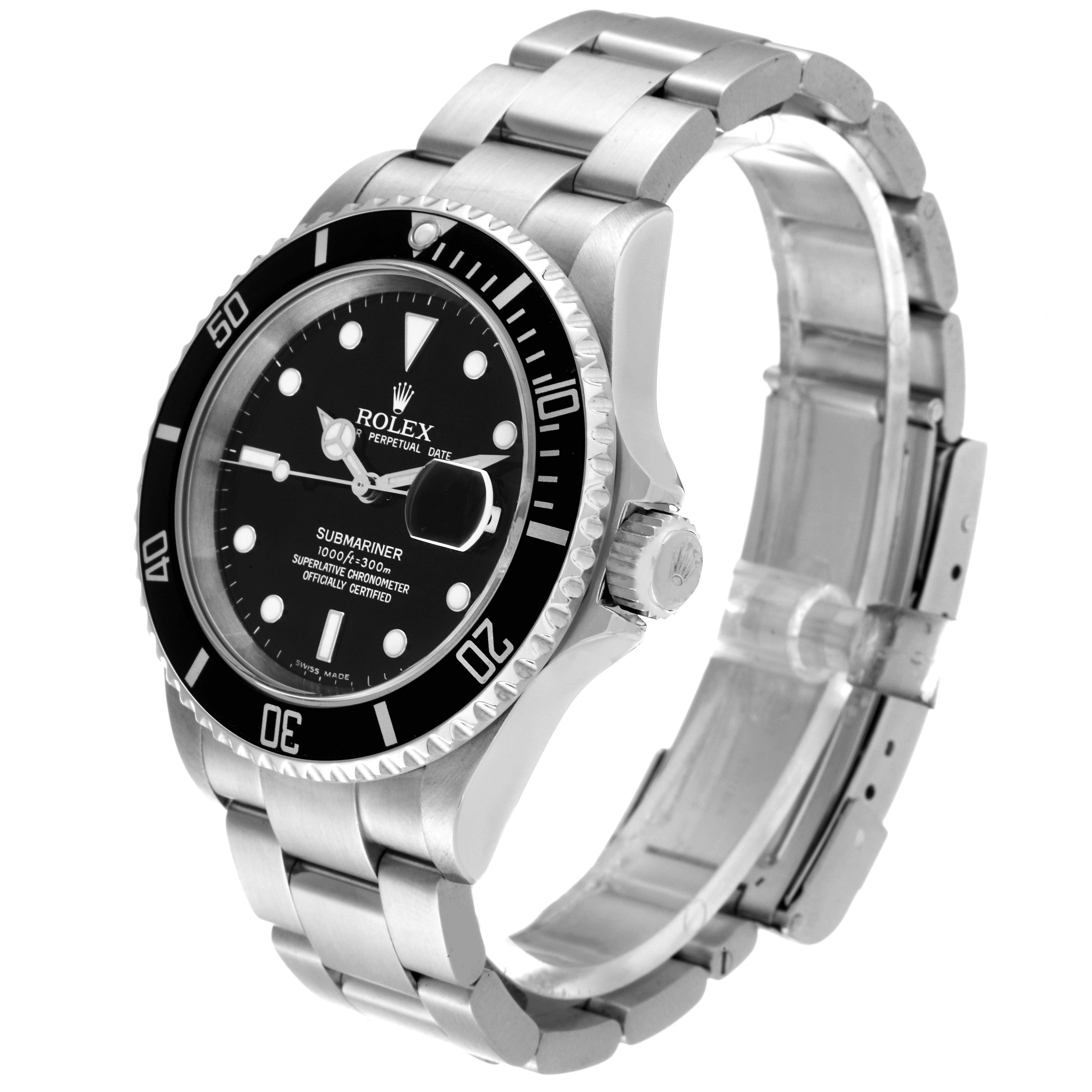 The image shows a side angle of the Rolex Submariner 16610 Men
s Stainless Steel Black Dial 16610 Men
s Stainless Steel Black Dial watch, highlighting the face, bezel, crown, and bracelet.