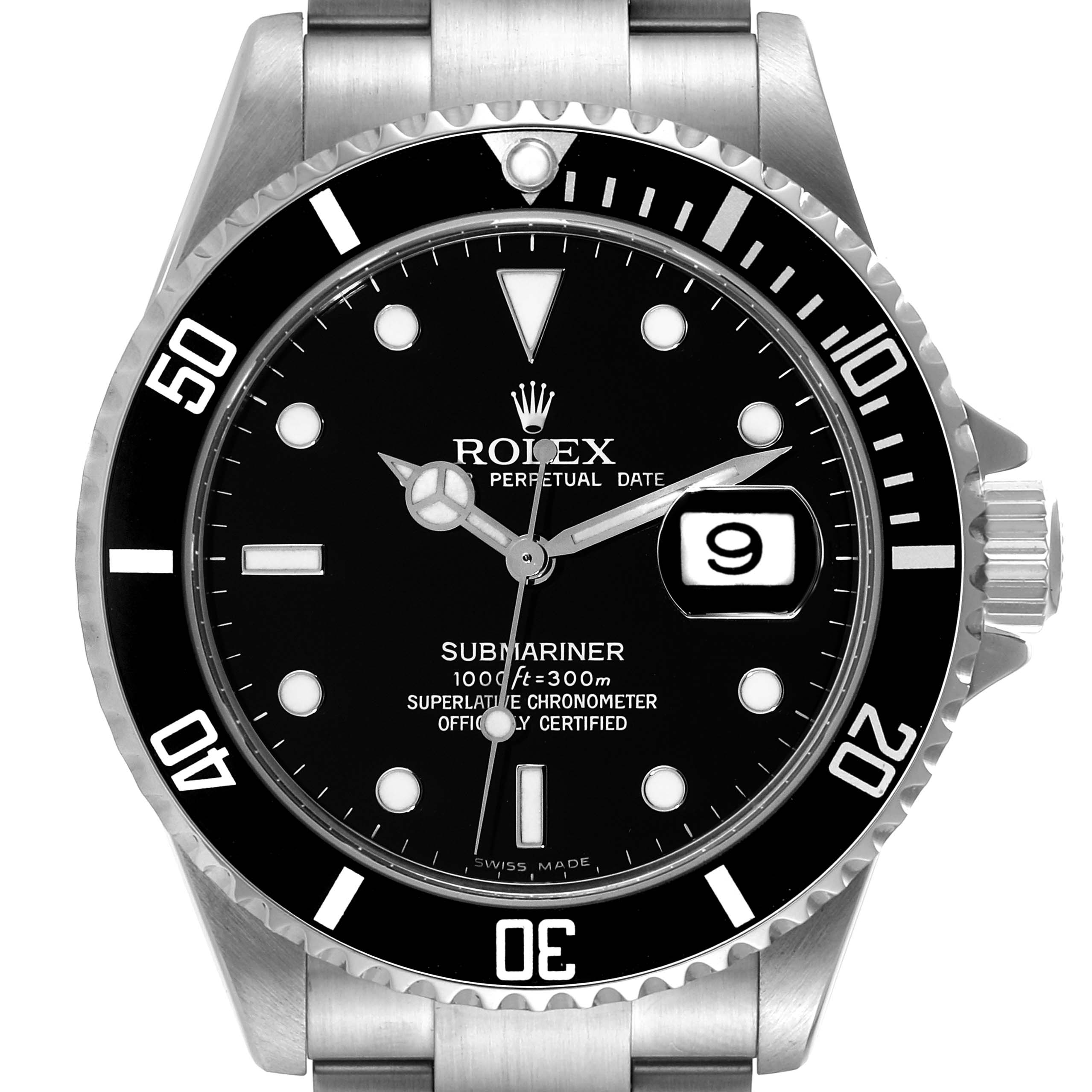 The image shows a front view of a Rolex Submariner 16610 Men
s Stainless Steel Black Dial 16610 Men
s Stainless Steel Black Dial watch, highlighting the dial, bezel, hands, and crown.