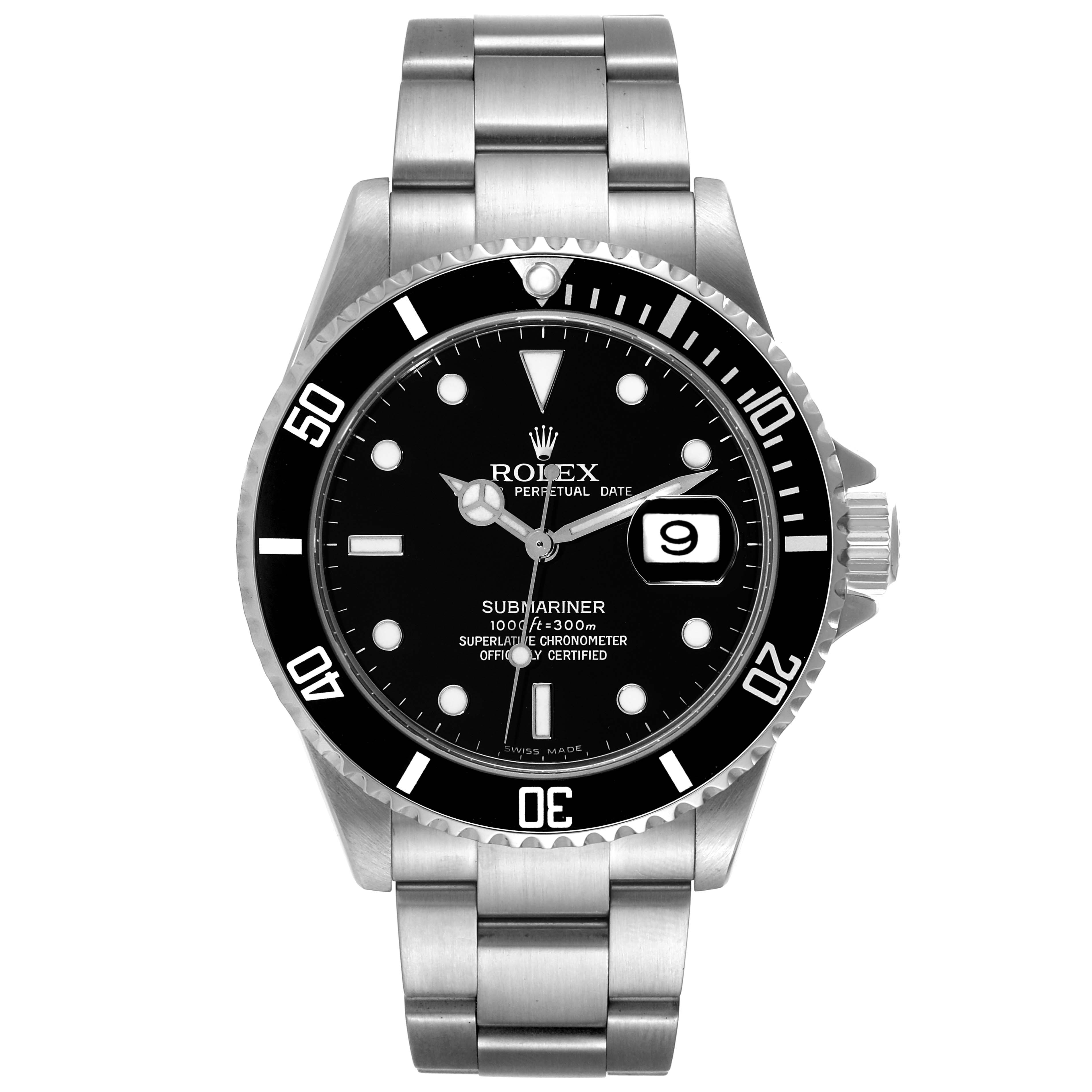 This image shows a front view of the Rolex Submariner 16610 Men
s Stainless Steel Black Dial 16610 Men
s Stainless Steel Black Dial watch, displaying the dial, bezel, and bracelet.
