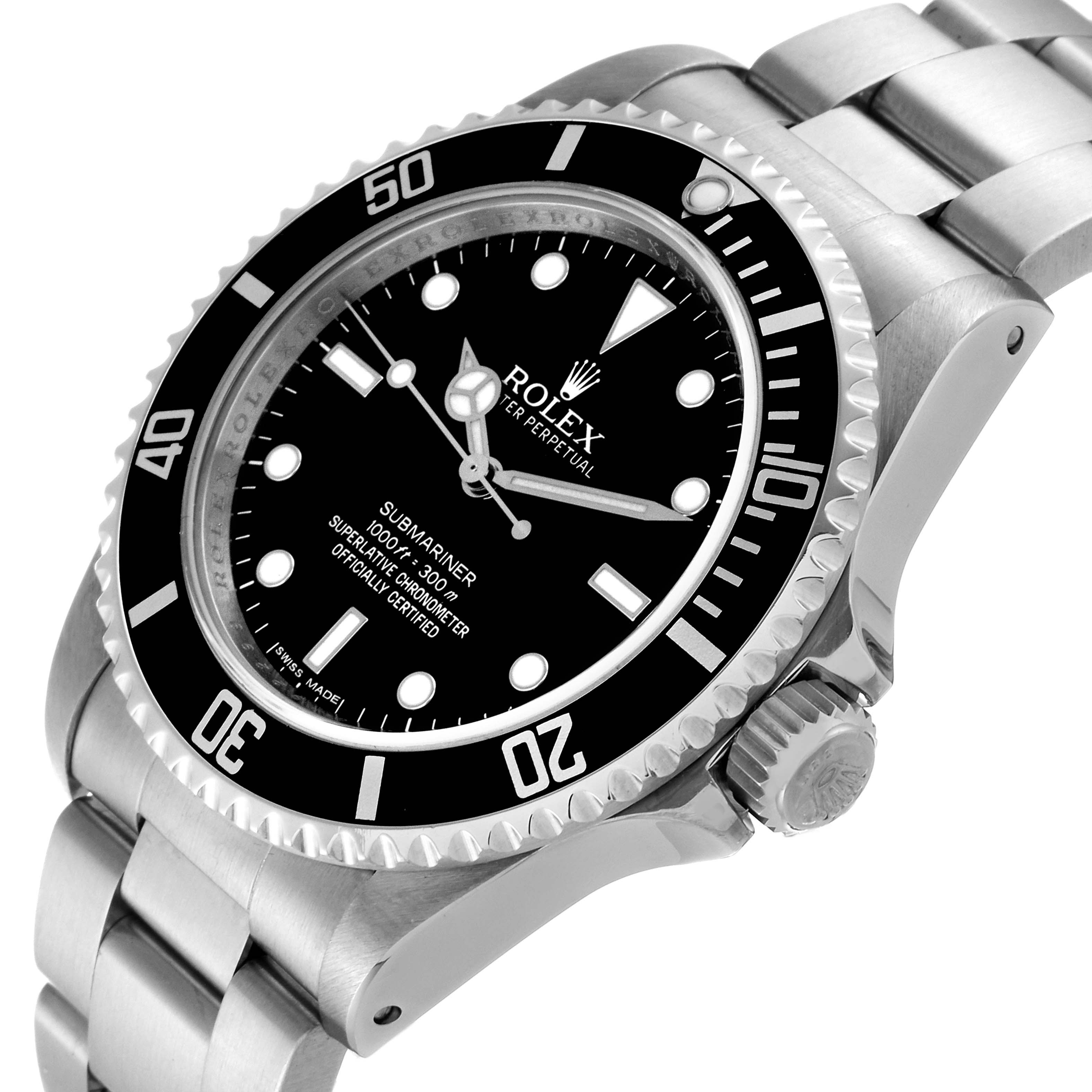 The image shows a Rolex Submariner 14060M Men
s Stainless Steel Black Dial 14060M Men
s Stainless Steel Black Dial watch at a three-quarter angle, highlighting the bezel, dial, and bracelet.