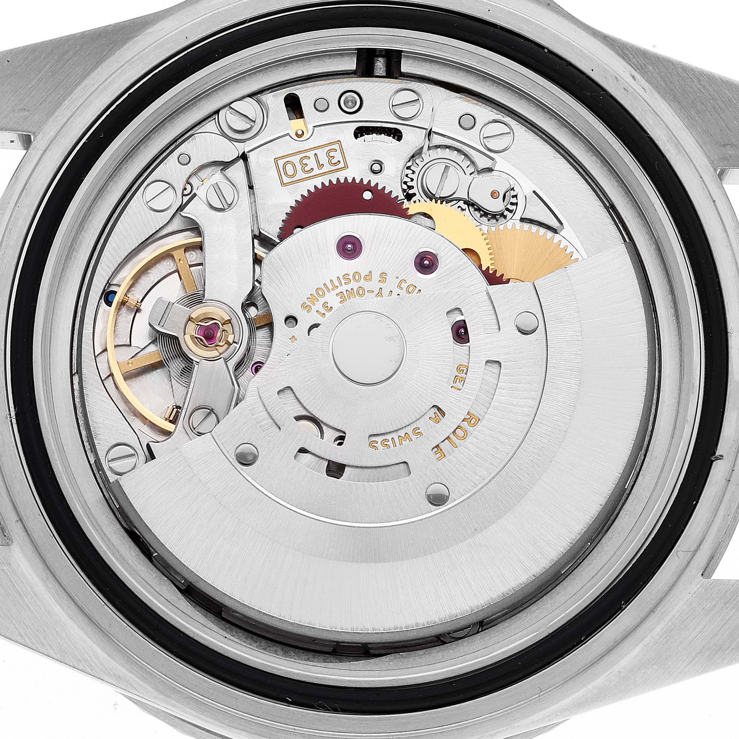 This image shows the internal mechanical movement of a Rolex Submariner 14060M Men
s Stainless Steel Black Dial 14060M Men
s Stainless Steel Black Dial watch from a rear, open case back angle.