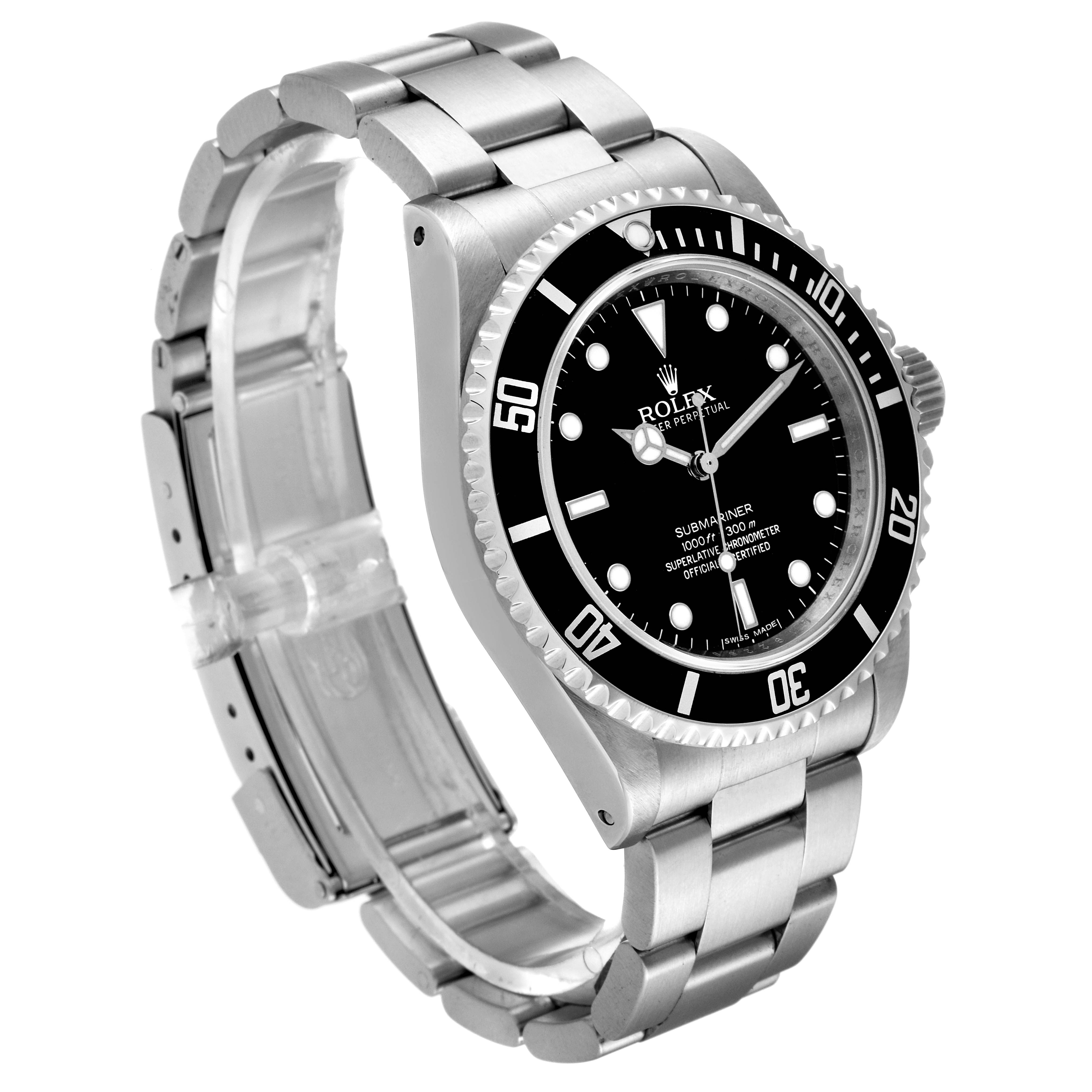 The image shows a Rolex Submariner 14060M Men
s Stainless Steel Black Dial 14060M Men
s Stainless Steel Black Dial watch at a three-quarter angle, highlighting the dial, bezel, and bracelet.