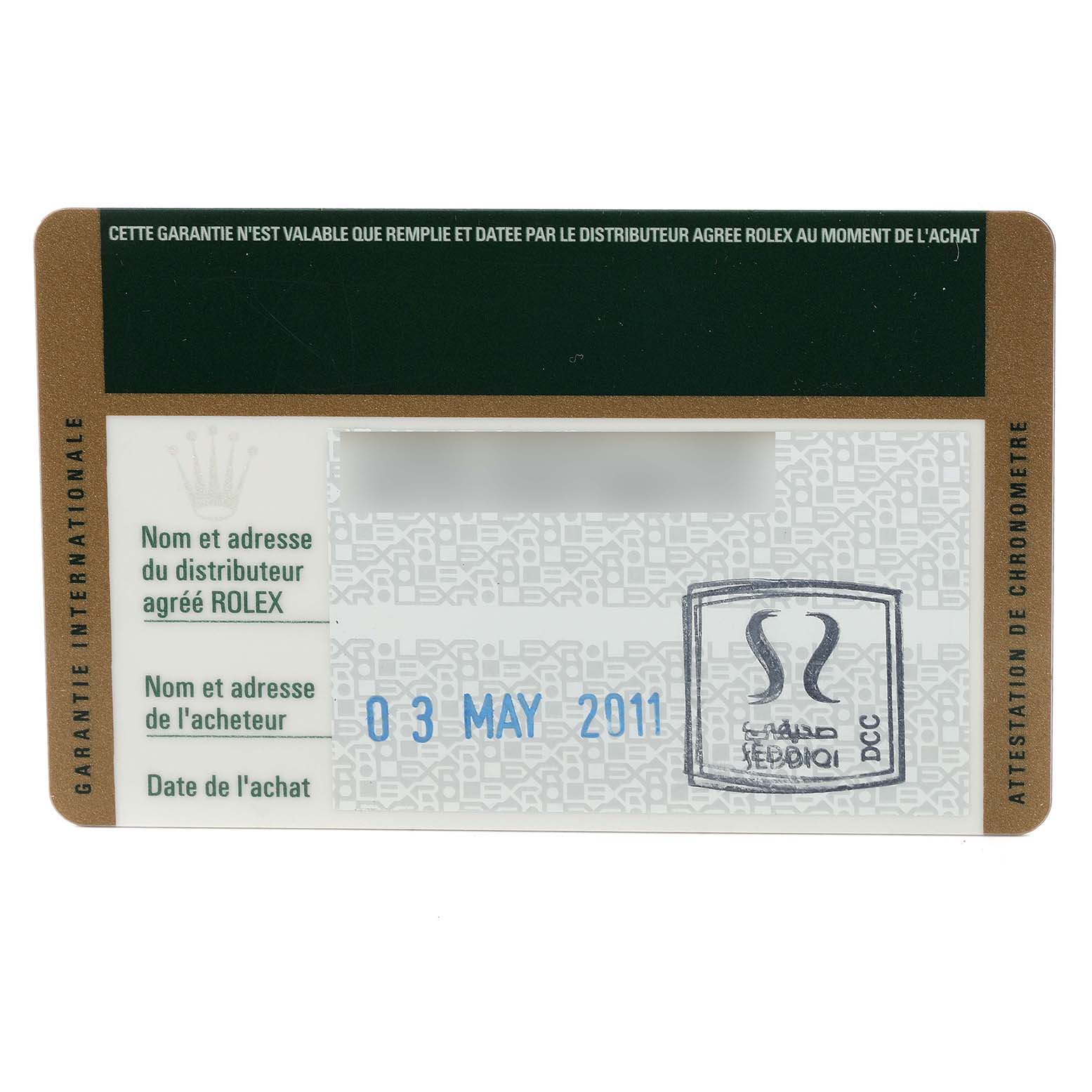 This image shows the warranty card for a Rolex Submariner 14060M Men
s Stainless Steel Black Dial 14060M Men
s Stainless Steel Black Dial, highlighting the purchase date of May 3, 2011.