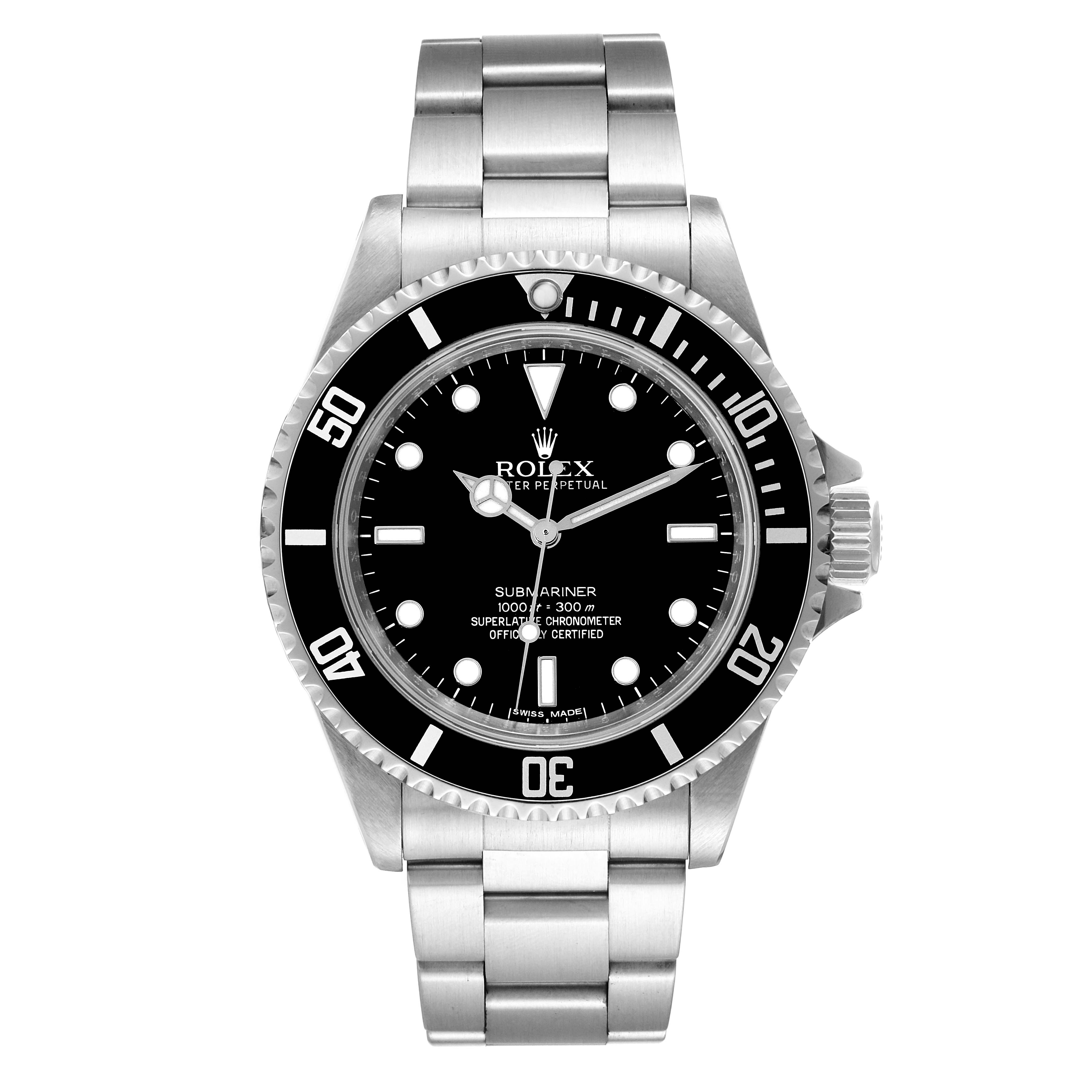 The image shows a front view of a Rolex Submariner 14060M Men
s Stainless Steel Black Dial 14060M Men
s Stainless Steel Black Dial watch, highlighting its black dial, bezel, and stainless steel bracelet.