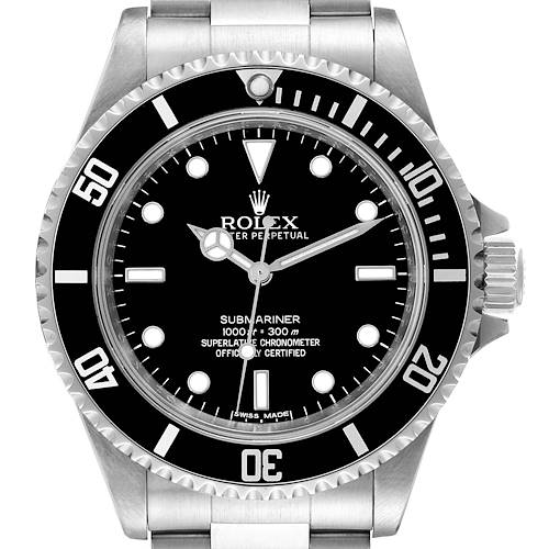 The image shows a front view of the Rolex Submariner watch, displaying its dial, bezel, and a portion of the bracelet.