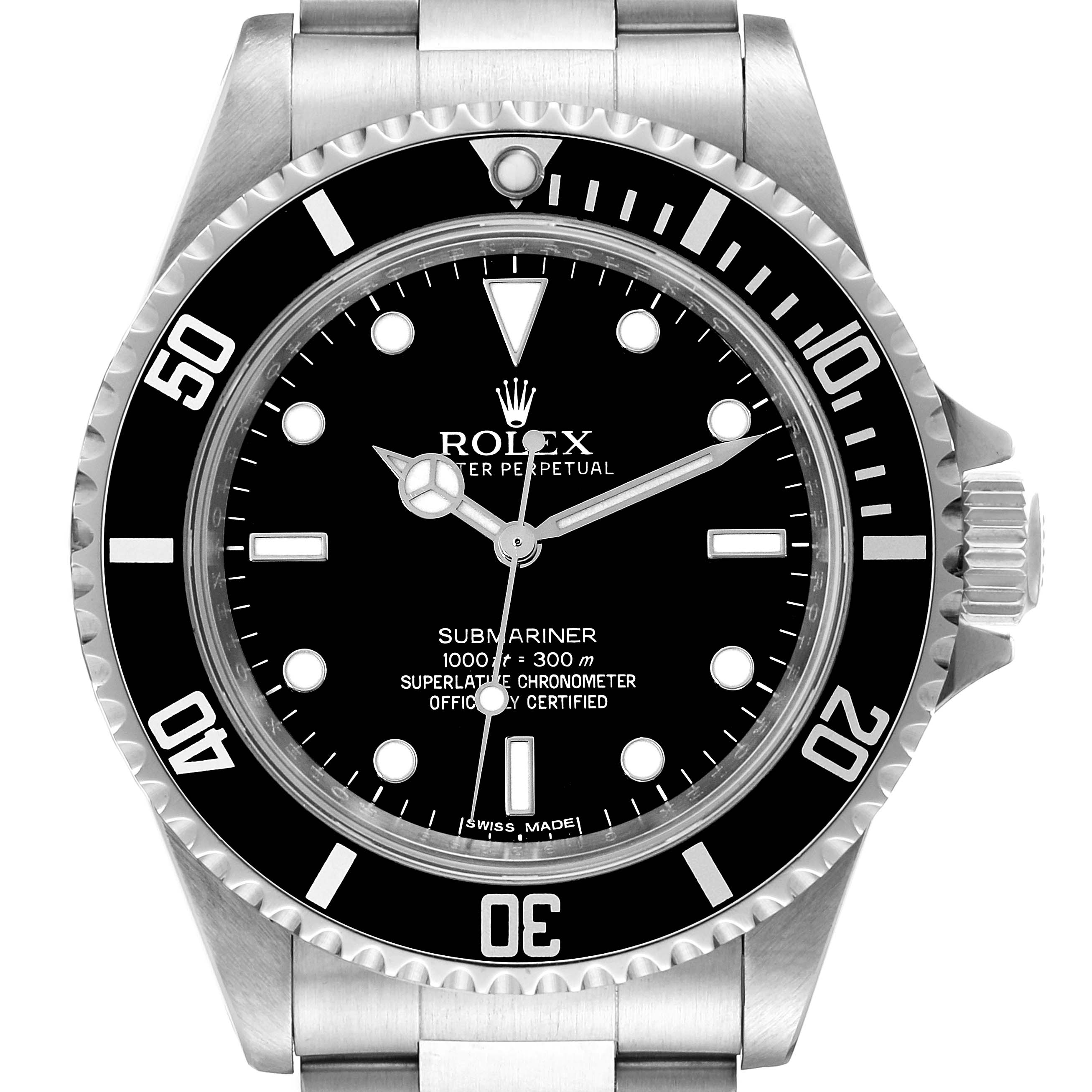 The image shows a front view of a Rolex Submariner 14060M Men
s Stainless Steel Black Dial 14060M Men
s Stainless Steel Black Dial watch, highlighting the dial, bezel, and part of the bracelet.