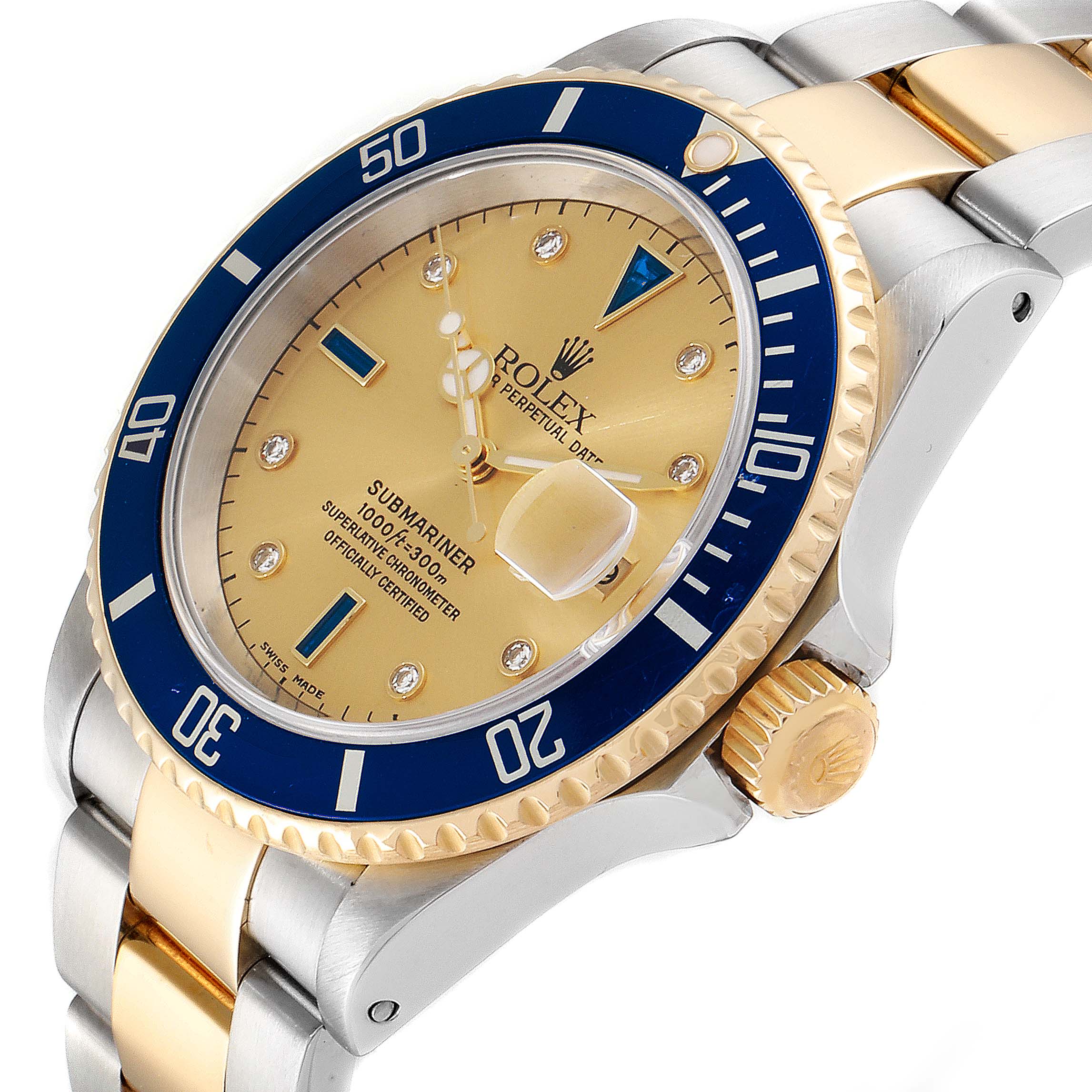 The image shows a Rolex Submariner 16613 Men
s Steel and Gold (two tone) Champagne Dial 16613 Men
s Steel and Gold (two tone) Champagne Dial watch at an angle, highlighting the dial, bezel, crown, and part of the bracelet.