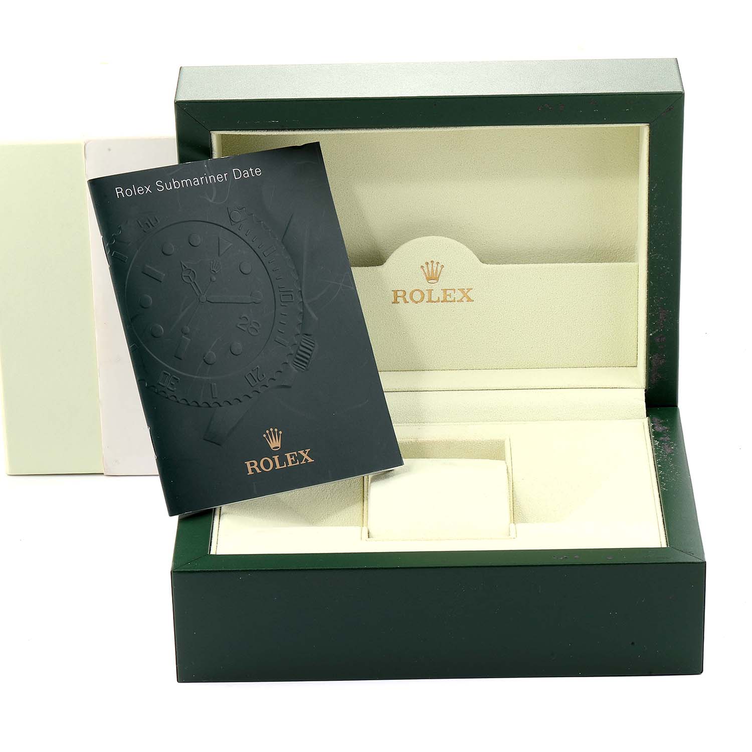 The image shows the open packaging box and booklet for a Rolex Submariner 16613 Men
s Steel and Gold (two tone) Champagne Dial 16613 Men
s Steel and Gold (two tone) Champagne Dial model.